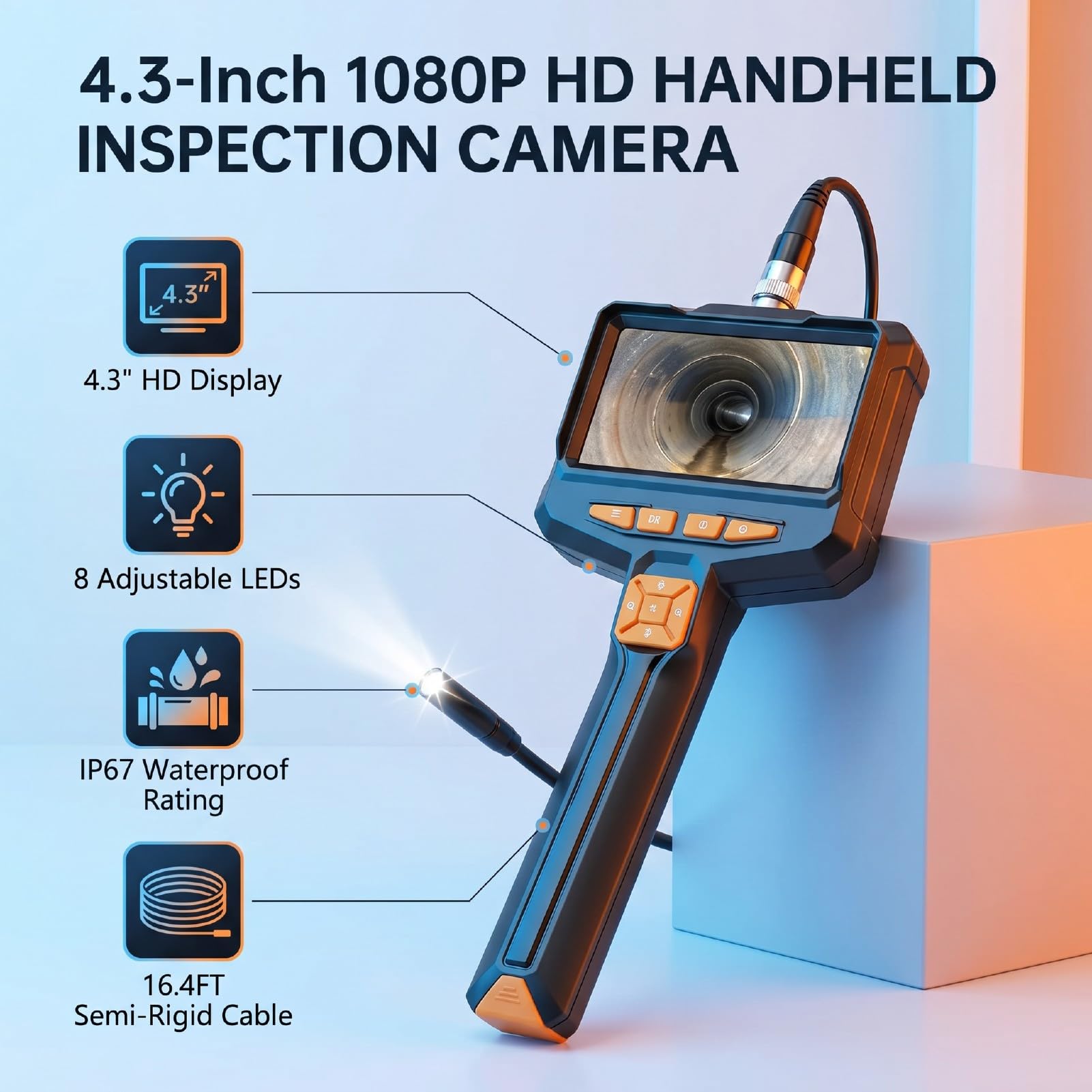 Bewinner Kamera Boroskopowa HD 1080P z Ekranem 4,3 Cala, Wodoodporna Kamera Inspekcyjna do Endoskopu IP67, Półkabel 16,4FT, 8 Diod LED, Ręczny Luneta do Instalacji Hydraulicznych w