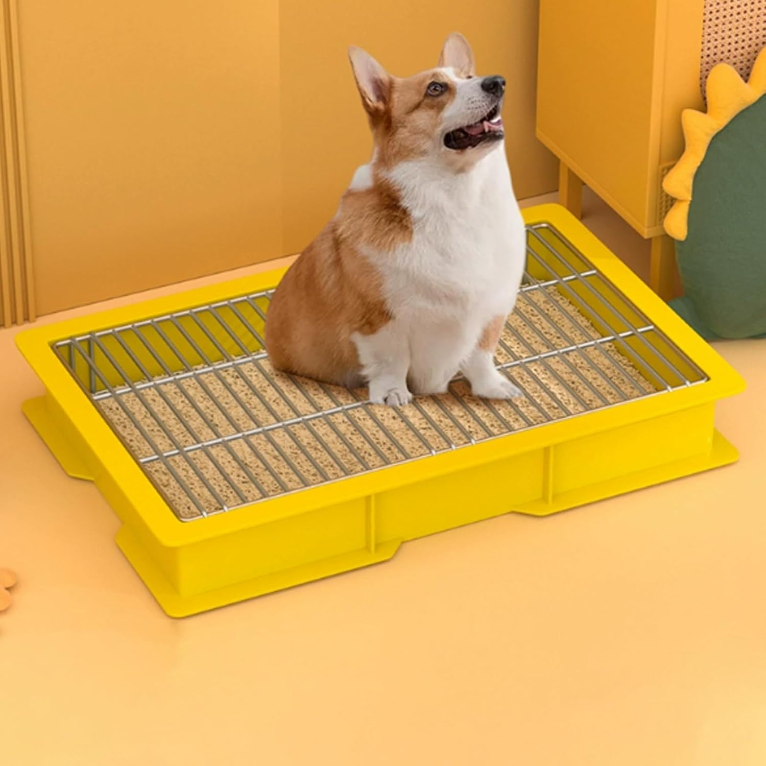 Dog Pot Trays High Walls, Indoor Mesh Litter Box, Pets Pee Training Pads with Removable Grille, Heavy Duty Tray for Small Medium Puppies(Yellow,61cm)