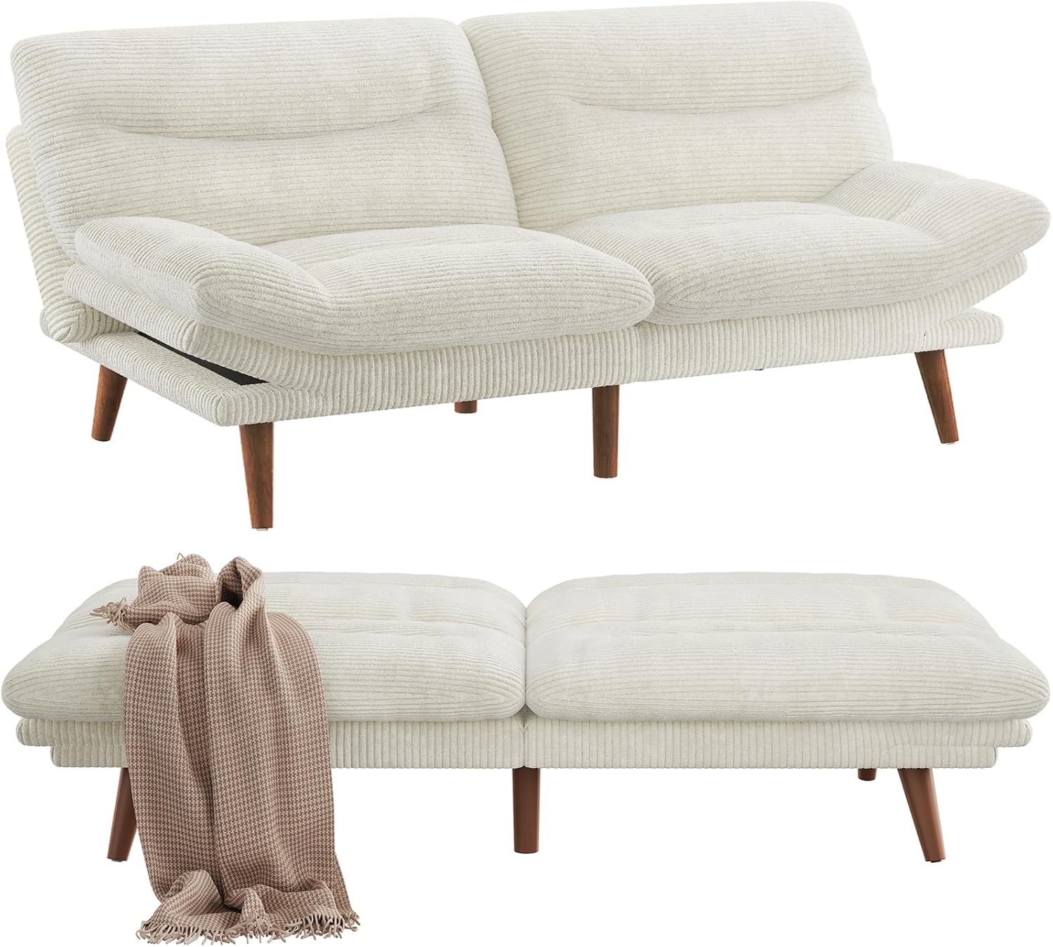 Pipishell Futon Sofa Bed, 73″ Convertible Futon Couch, Adjustable Backrest & Armrests, Corduroy Recliner Sleeper Couch for Small Spaces, Living Room, Office, Guest Room (White, 73 Inch)