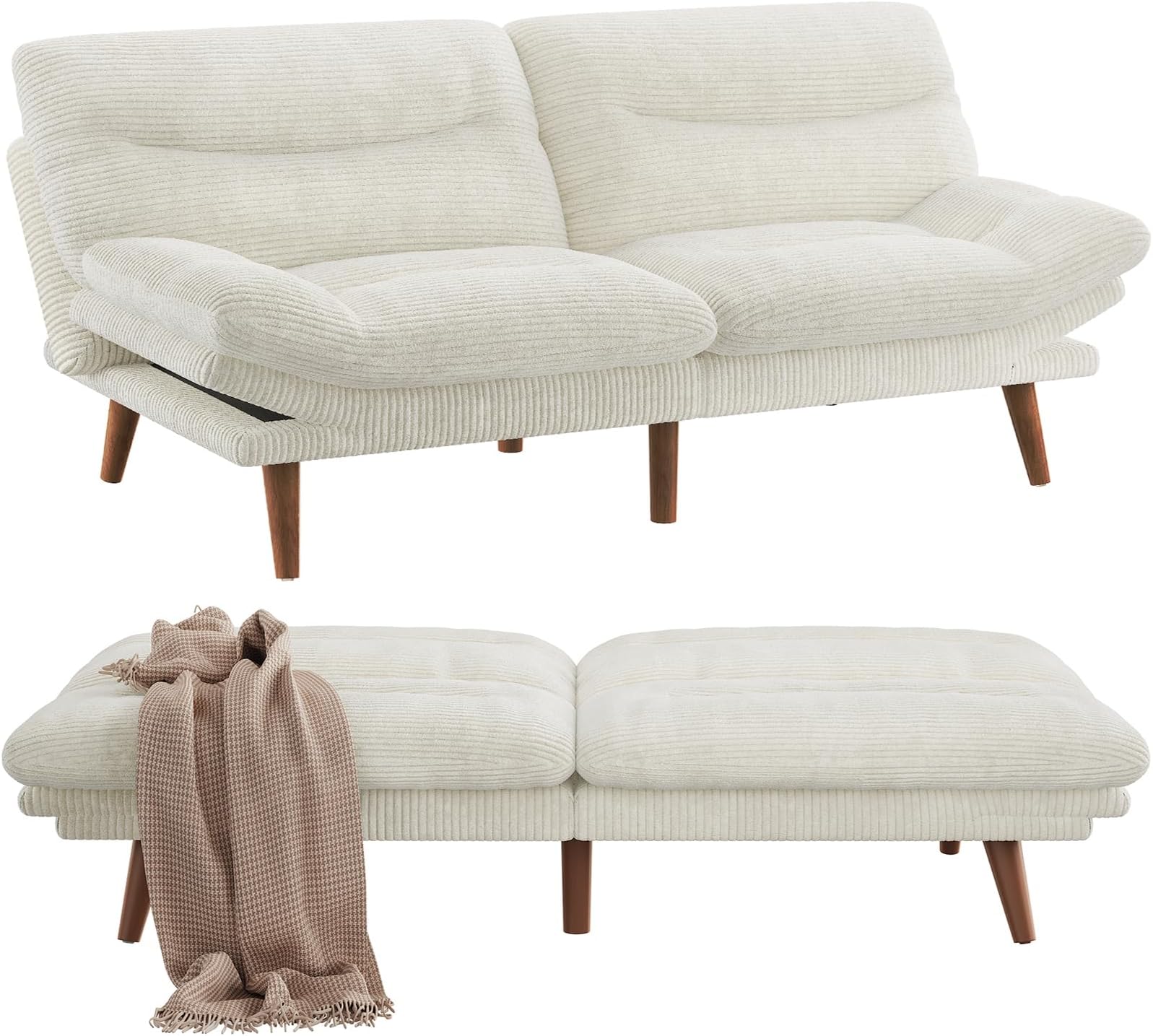 Pipishell Futon Sofa Bed, 73" Convertible Futon Couch, Adjustable Backrest & Armrests, Corduroy Recliner Sleeper Couch for Small Spaces, Living Room, Office, Guest Room (White, 73 Inch)