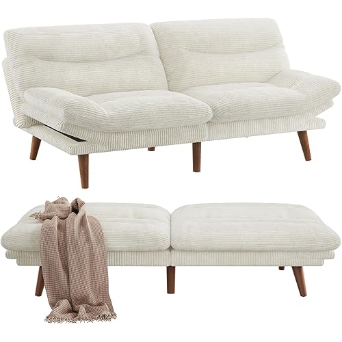 Pipishell Futon Sofa Bed, 73" Convertible Futon Couch, Adjustable Backrest & Armrests, Corduroy Recliner Sleeper Couch for Small Spaces, Living Room, Office, Guest Room (White, 73 Inch)