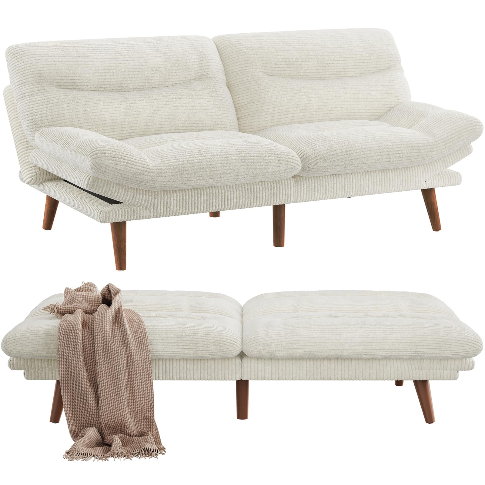 Pipishell Futon Sofa Bed, 73" Convertible Futon Couch, Adjustable Backrest & Armrests, Corduroy Recliner Sleeper Couch for Small Spaces, Living Room, Office, Guest Room (White, 73 Inch)