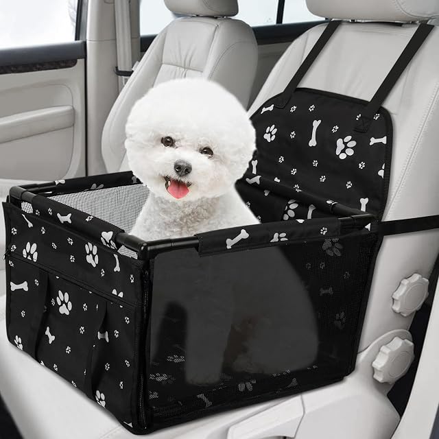 FYY Dog Car Seat, [Upgraded] Pet Car Booster Seat Travel Carrier Cage, Waterproof Breathable Oxford Travel Puppy Pet Seat with 12 PVC Tubes for Dogs Cats Small Pets Bone+Paw