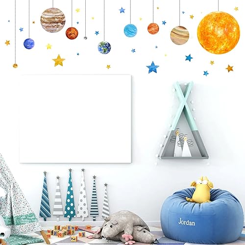 Miniatura 5 de Calcomanías de pared de planetas y espacios, calcomanías de pared extraíbles del sistema solar, decoración de pared de estrellas de dibujos