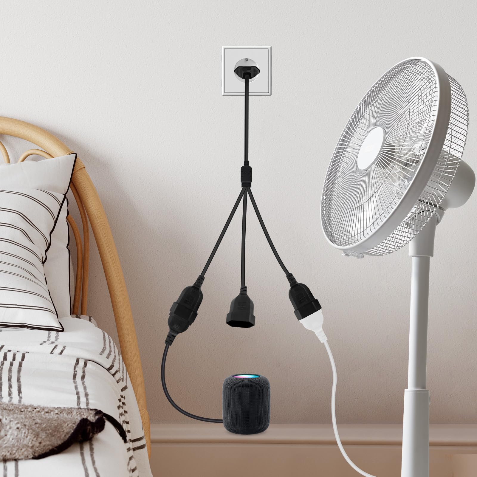 Wtyczka euro przedłużacz 3 w 1, płaska wtyczka, 0,5 m, rozdzielacz, wtyczka przedłużająca, wtyczka euro, przedłużenie do TV, PC, monitora, 250 V, czarny