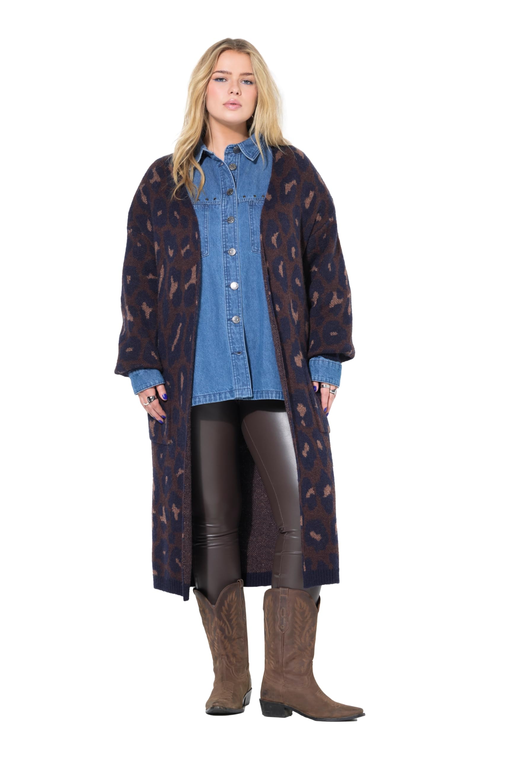 Studio Untold Damen große Größen Übergrößen Plus Size Long-Strickjacke, Oversized, Glitzer-Leo 836297