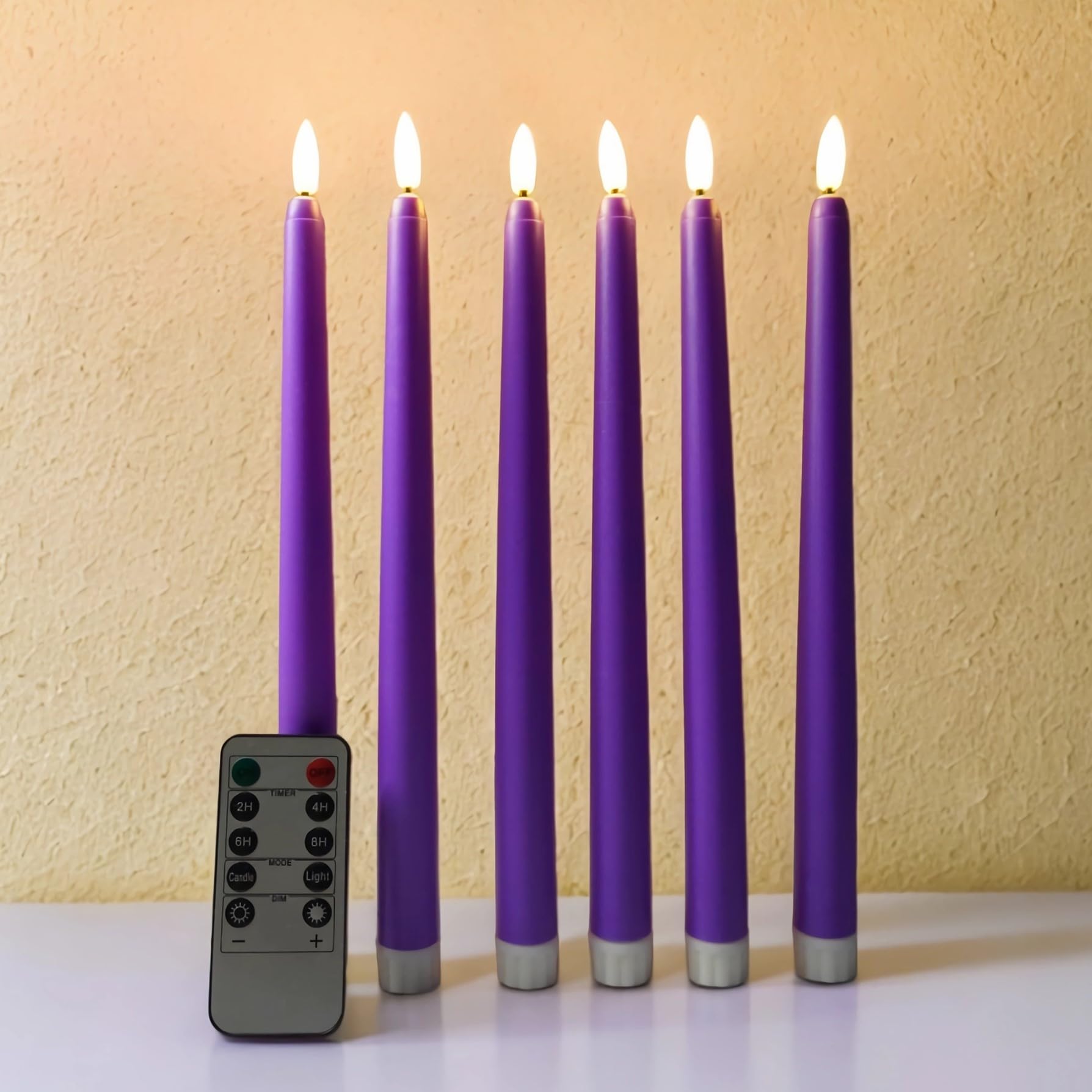 Purple Christmas Flameless Taper Candles with Remote, Flickering Holiday Battery LED Candlesticks Set of 6