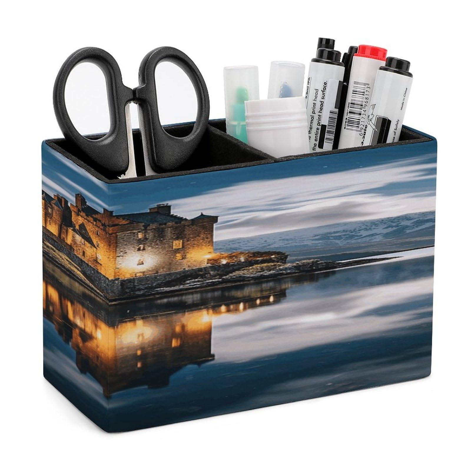 VstaDank A Castle by The Lake Pencil Holder for Desk(Double Slots) Fashion Leather Pencil Cup Simple Rectangular Shape Pen Holder Multi-Functional Pen Cup for Home Office Supplies Storage