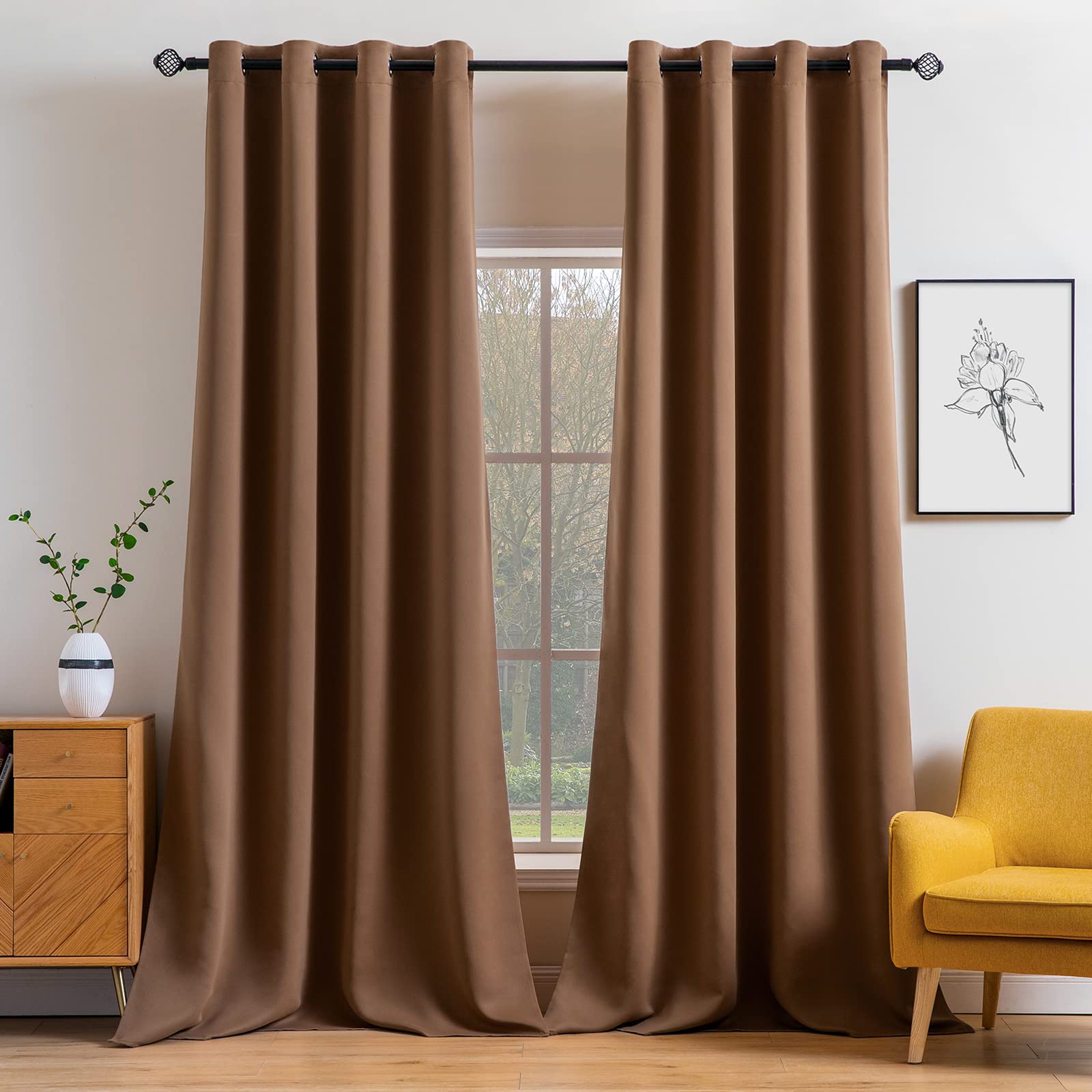MIULEE Blackout Curtains 96 Inches Long for Bedroom Living Room Thermal Insulated Room Darkening Mocha Grommet Top Solid Light Blocking Drapery Set of