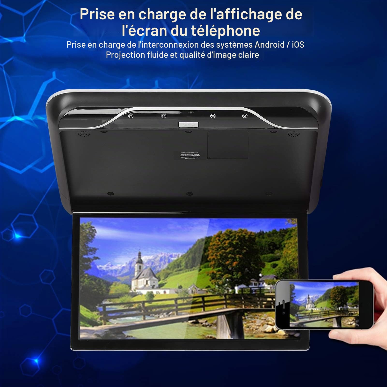 Akozon Lecteur DVD de Toit de Voiture 19 Pouces Moniteur Rabattable Téléviseur au Plafond HDMI- Compatible avec la Télécommande pour Android 9.0 Rabattre L'écran Supérieur(Noir)