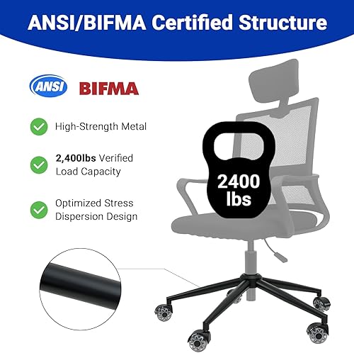 Miniatura 5 de Piezas de repuesto para sillas de oficina de 28 pulgadas, repuesto de base resistente, capacidad de 2500 libras, patas de silla de metal negro mate