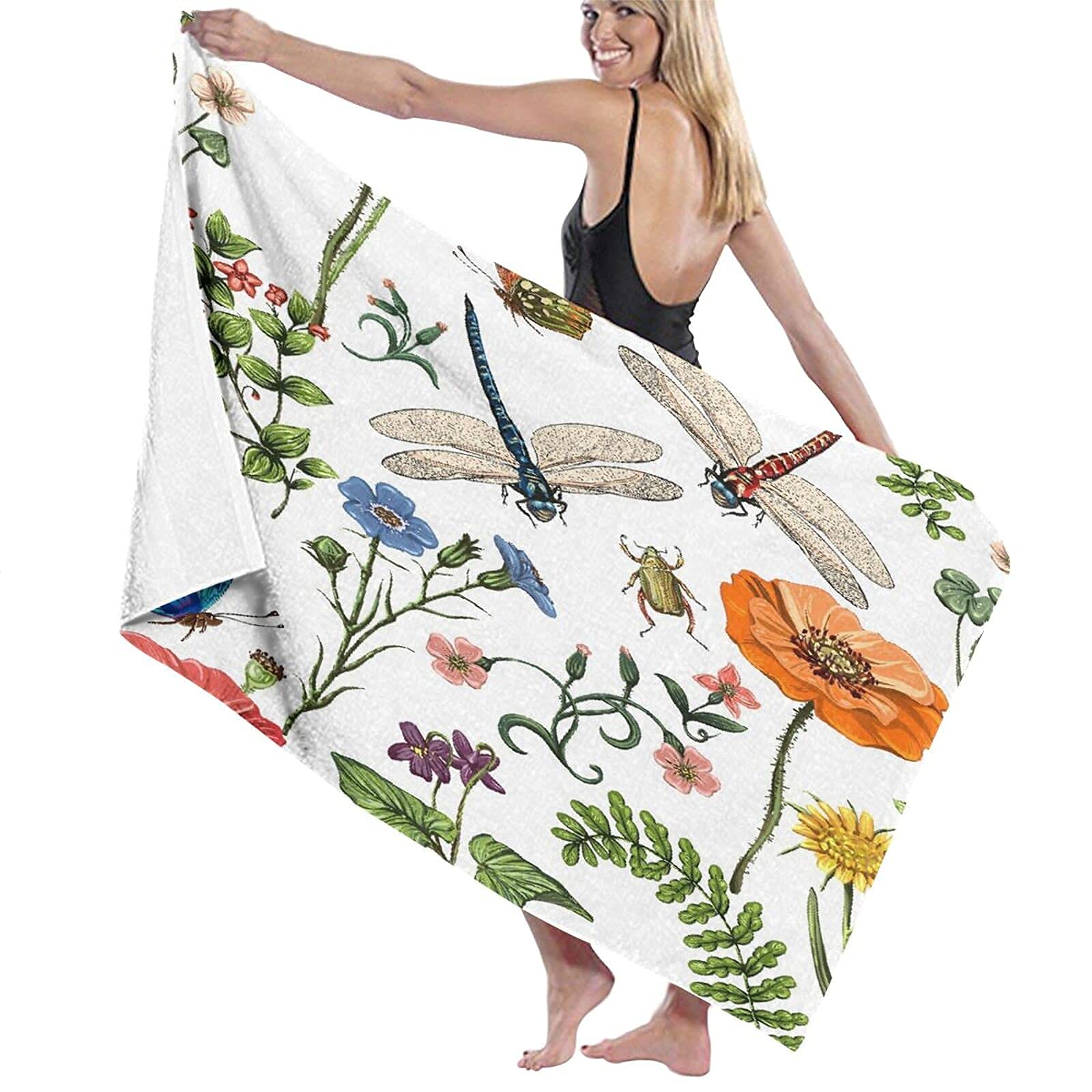 Lsjuee Insects Flowers in Butterflies ​Dragonflies Beach Towel for Kids Boys Fast Dry Superfine Fiber Beach Towel for Kids Personalized for Camping Hawaii SPA Gym Fitness Cruise Swimming 32INx52IN