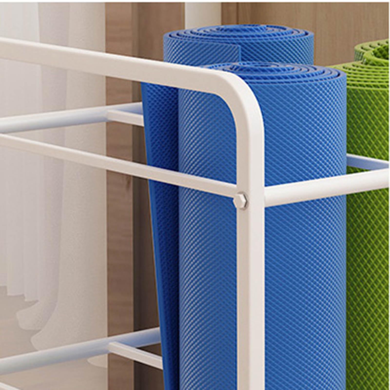 Cesta para esterilla de yoga con ruedas, organizador de metal para 9-14 tapetes y 30 bloques, estante móvil para estudio en casa