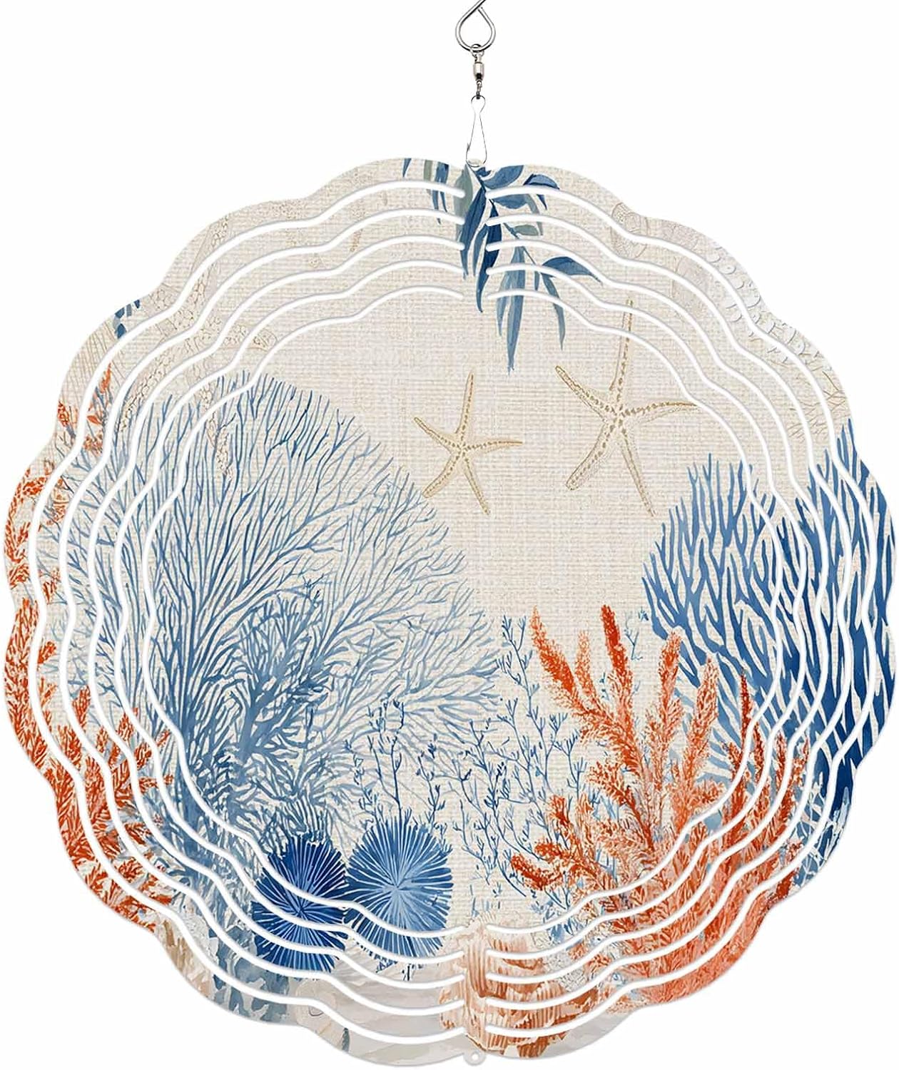 Summer Coral Starfish Wind Spinner for Garden Yard 3D Stainless Steel Hanging Wind Spinners, Ocean Creature Retro Linen Spinners Outdoor Metal Decor for Lawn Patio Home