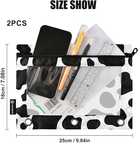 Miniatura 3 de Bolsas para lápices con estampado de vaca para carpeta de 3 anillas, bolsas con cremallera y ojales, estuche para lápices con ventana transparente,