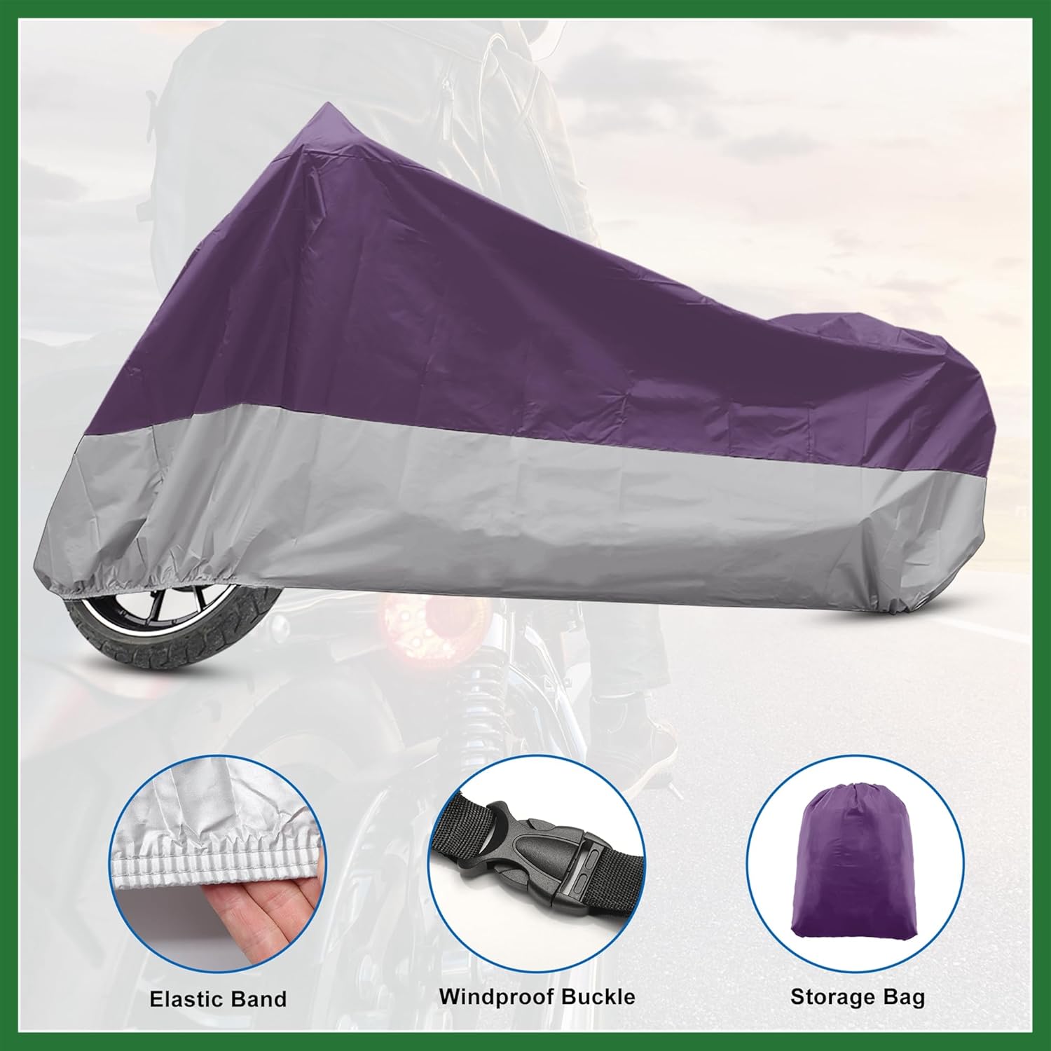 Motoforti Motorcycle Cover for Harley All Season Universal Weather Waterproof Sun Outdoor Protection with Storage Bag Fits Up to 104.33'' Moto Cover XXL Purple Silver Tone Long-lasting