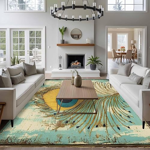 Miniatura 4 de 5x7 Area Rugs, Teal Peacock Feathers Non-Skid Rubber Backing Large Rectangle Rugs - Living Room Bedroom Home Office, Retro Abstract Art Watercolor