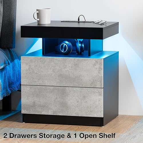 Miniatura 47 de HOMMPA Mesita de noche LED con estación de carga inalámbrica y puertos USB, soporte de noche de 3 cajones con luz LED RGB de brillo ajustable,