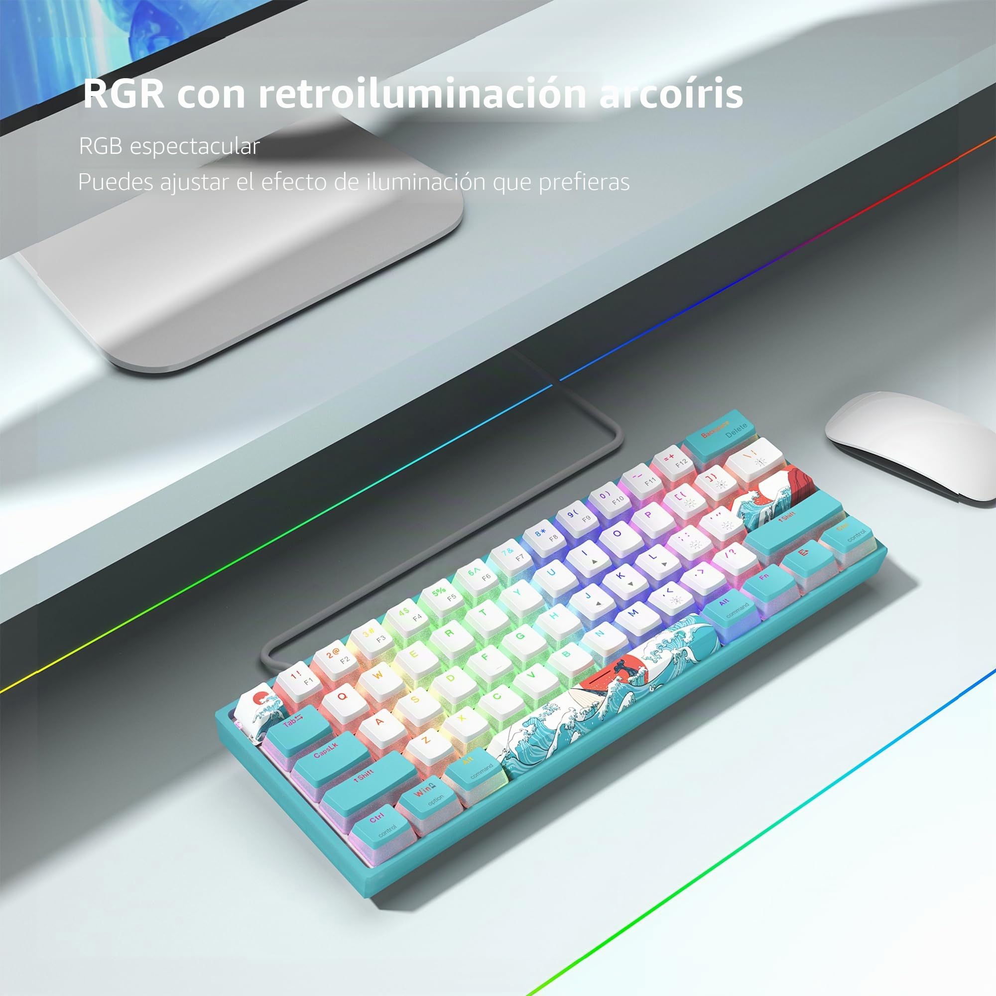 Womier Teclado mecánico WK61 V2 con Cable RGB para Juegos, Teclado cremoso Intercambiable en Caliente con Teclas PBT, Interruptor Rojo Lineal para Windows/Mac (Azul)
