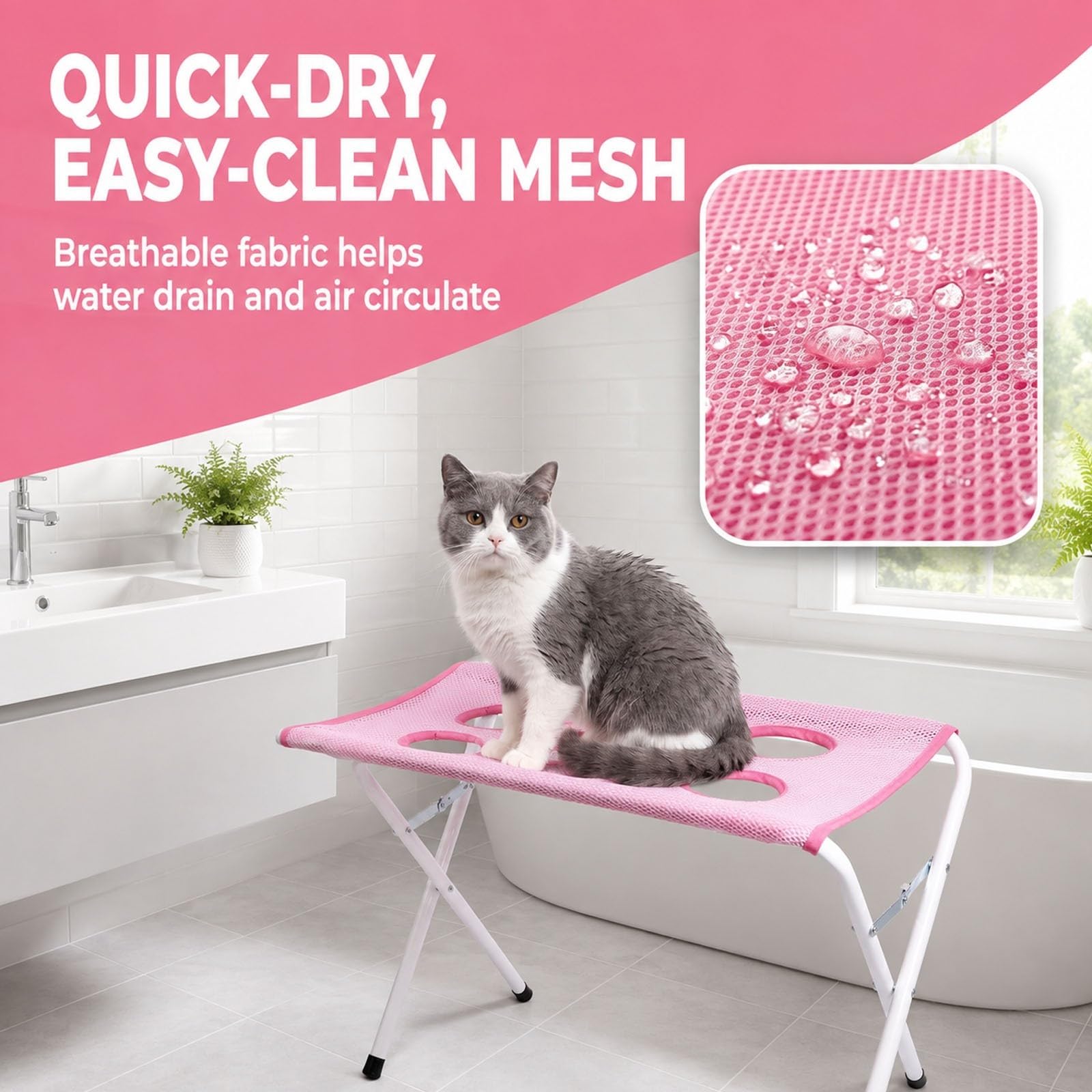 Table de Bain pour Chien Pliable, Station de Toilettage pour Animaux | Avec Surface En Filet Et Sangle De Sécurité, Support De Lavage Portable Pour Petits Et Moyens Chiens Et Chats(Pink)