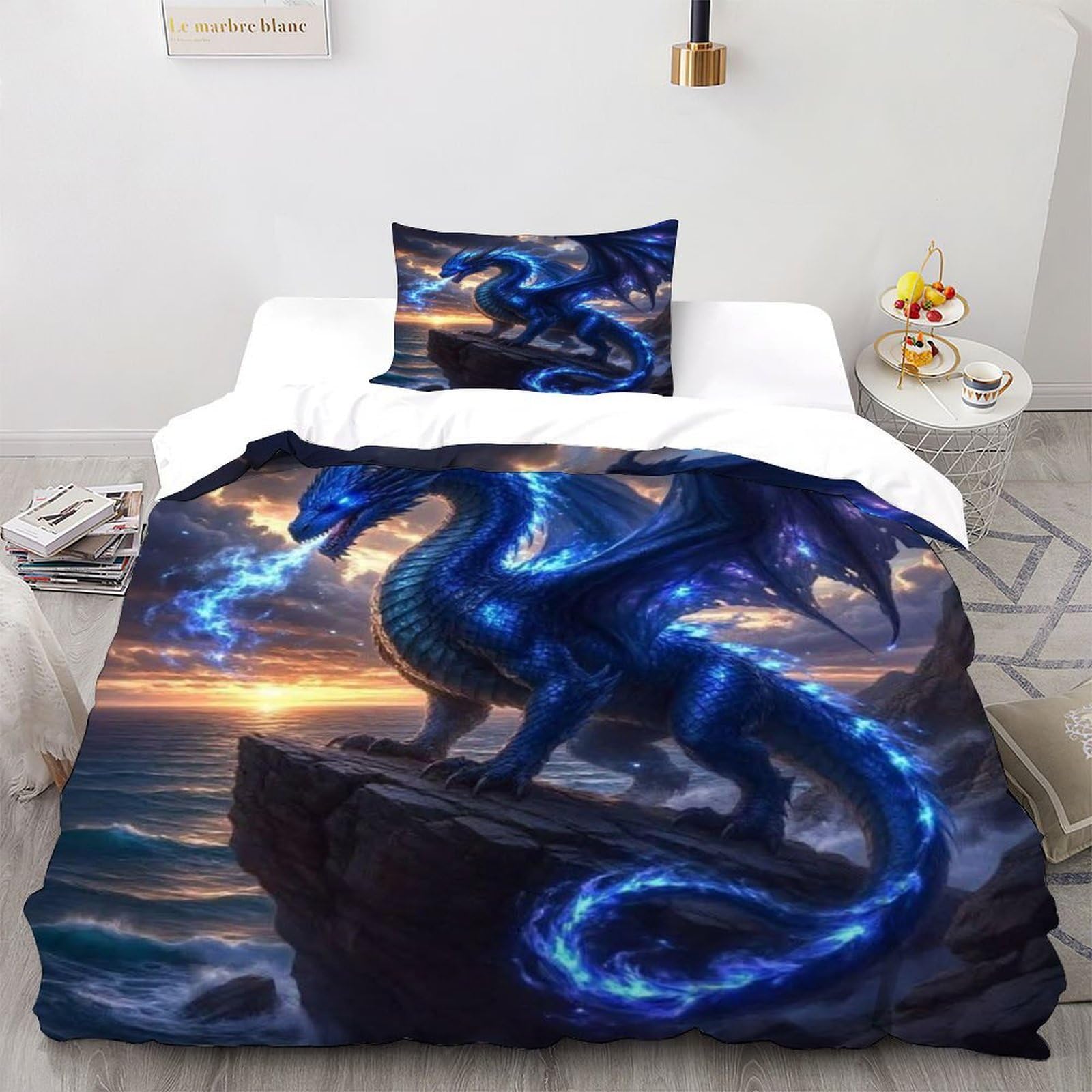 Parure de lit dragon océan en microfibre housse de couette 135x200cm et sa taie