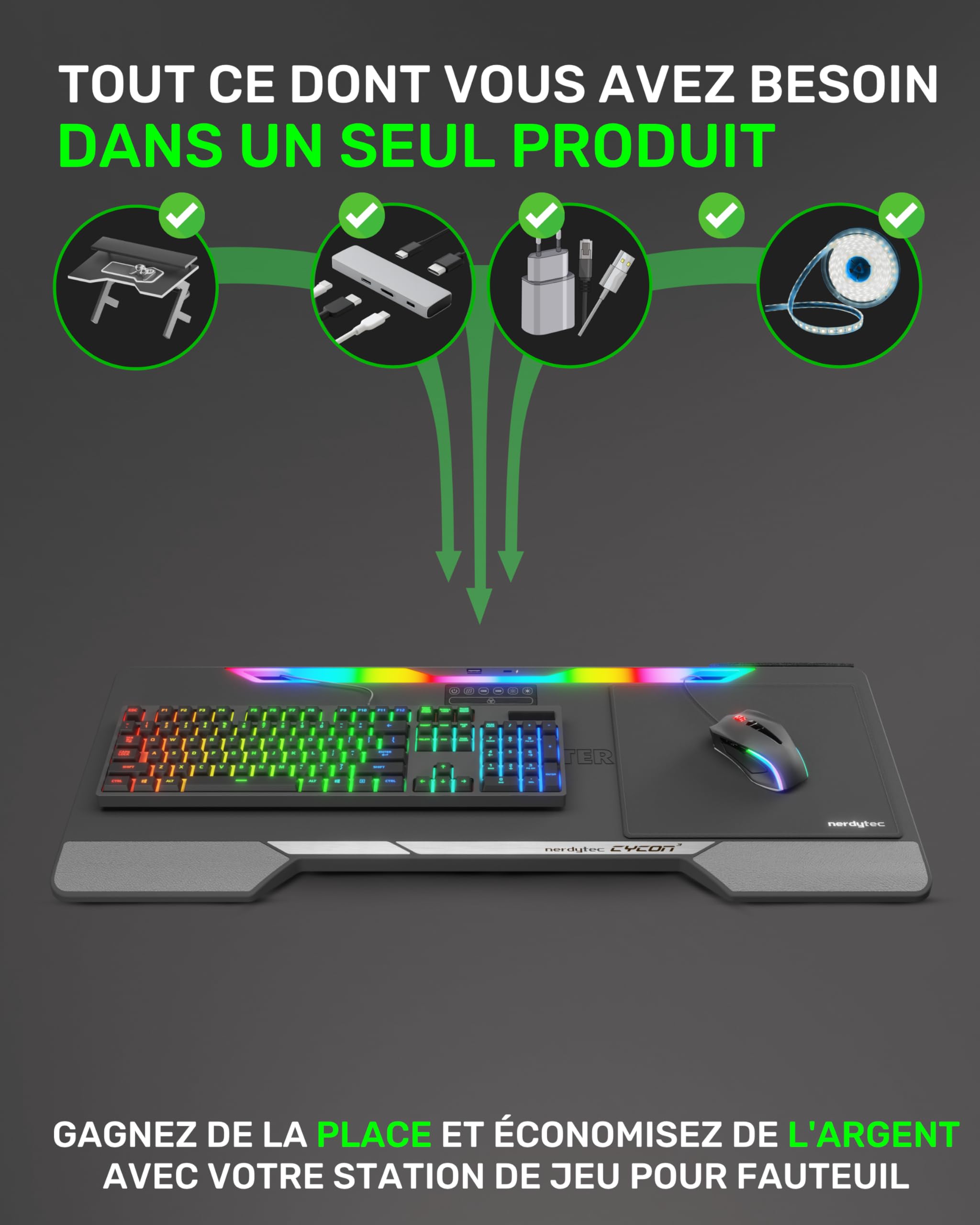 Couchmaster Plateau ergonomique pour ordinateur portable avec barre de jeu HORIZONLIGHT RGB et hub USB pour PC, PS4/5, Xbox One/Series X