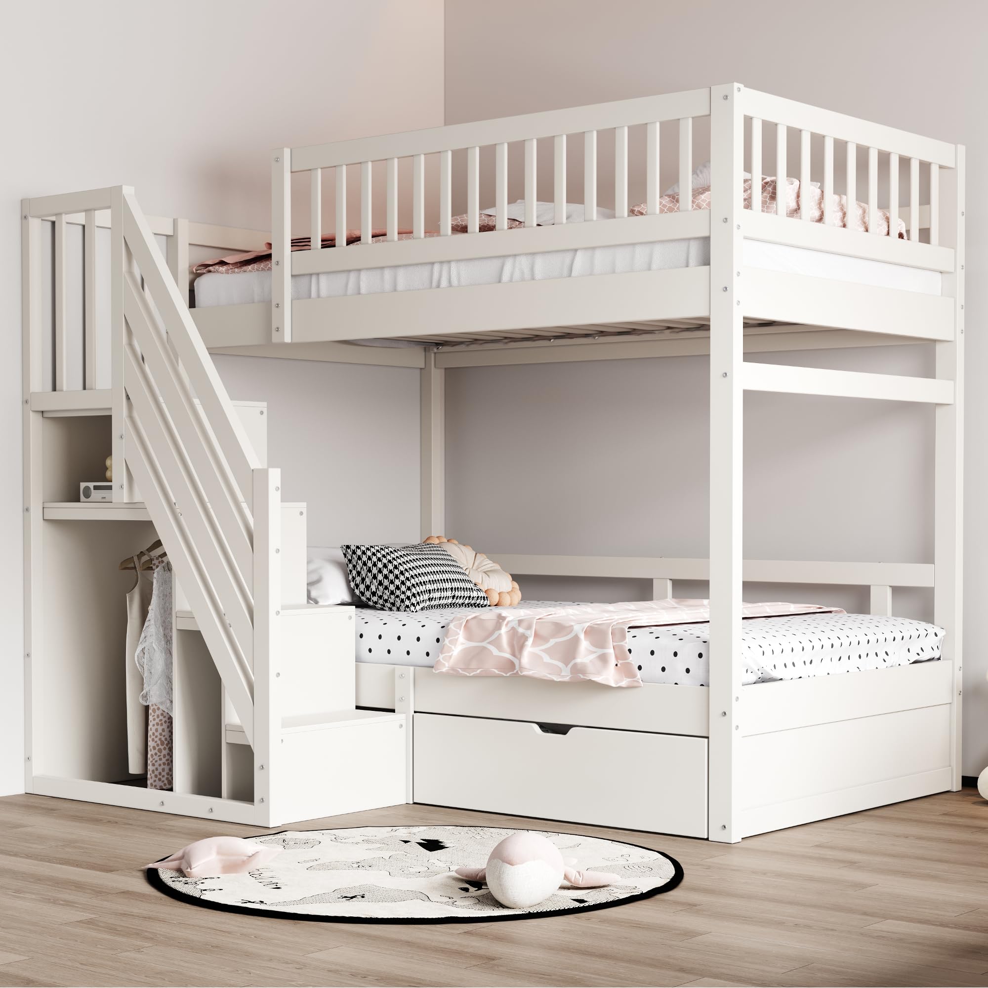 Soweiz Lettino per bambini 90 x 200 cm, in legno massello con rete di sicurezza elevata, con rete a doghe, scala di sicurezza con vano portaoggetti, letto per ragazzi (bianco)