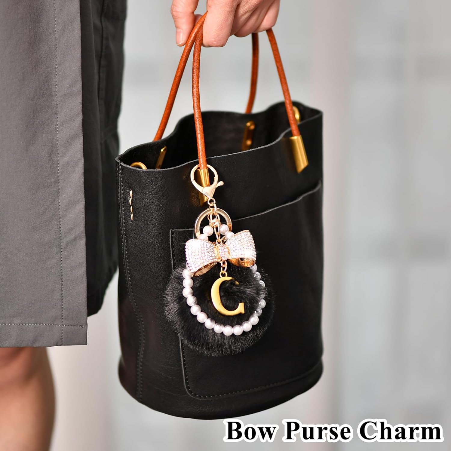 Gold Initial Keychain with Rhinestone Bow & Black Pom Pom, Cute Letter Bag Charm for Women Purse and Car Keys - Image 4