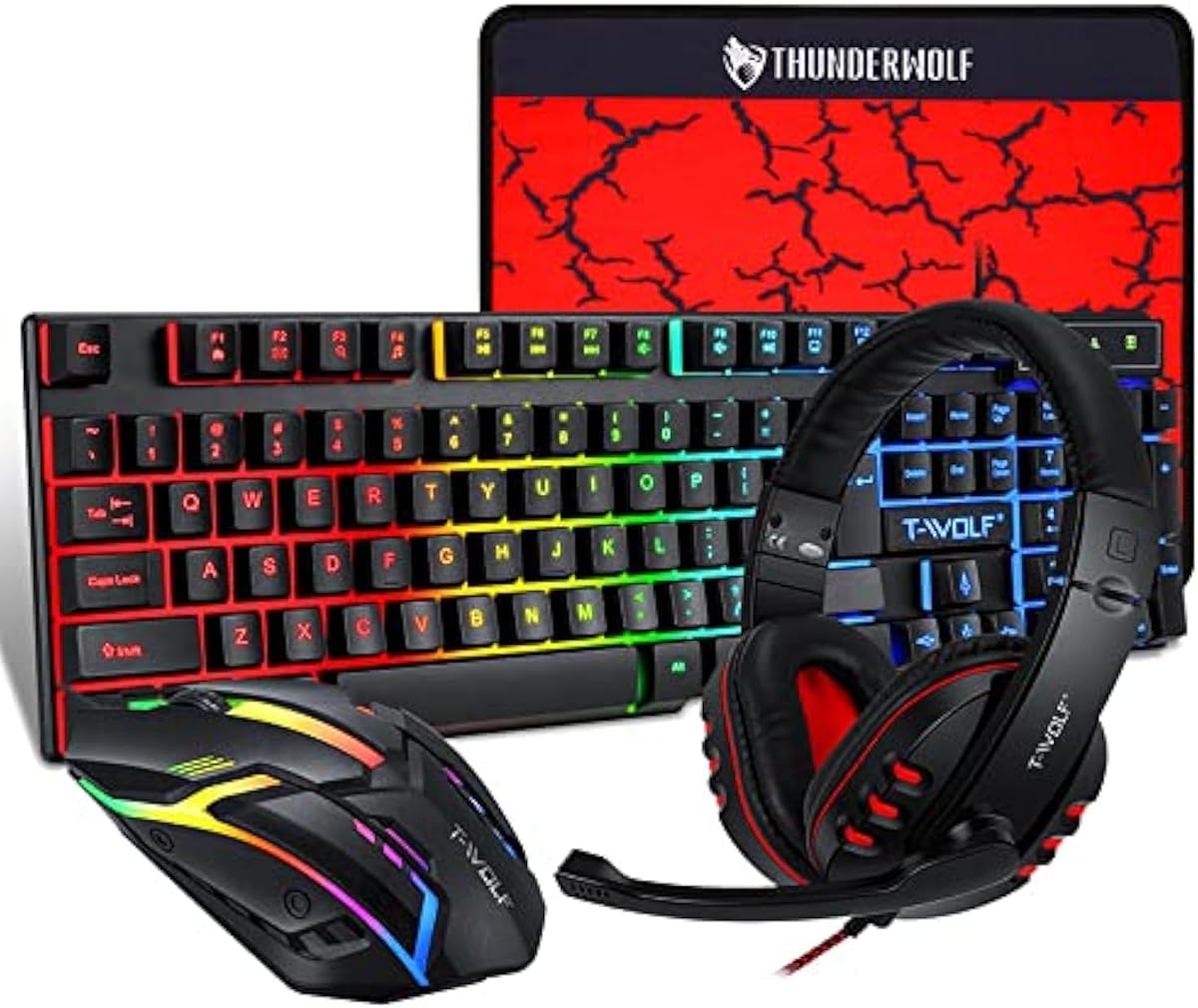 T-Wolf Gaming Combo TF800 Keyboard/Mouse/Headphone/Mouse Pad Wired LED RGB Backlight Bundle for PC Gamers Users - 4 in 1, Black