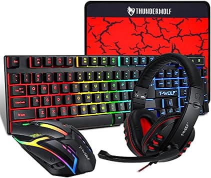 T-Wolf Gaming Combo TF800 Keyboard/Mouse/Headphone/Mouse Pad Wired LED RGB Backlight Bundle for PC Gamers Users - 4 in 1, Black