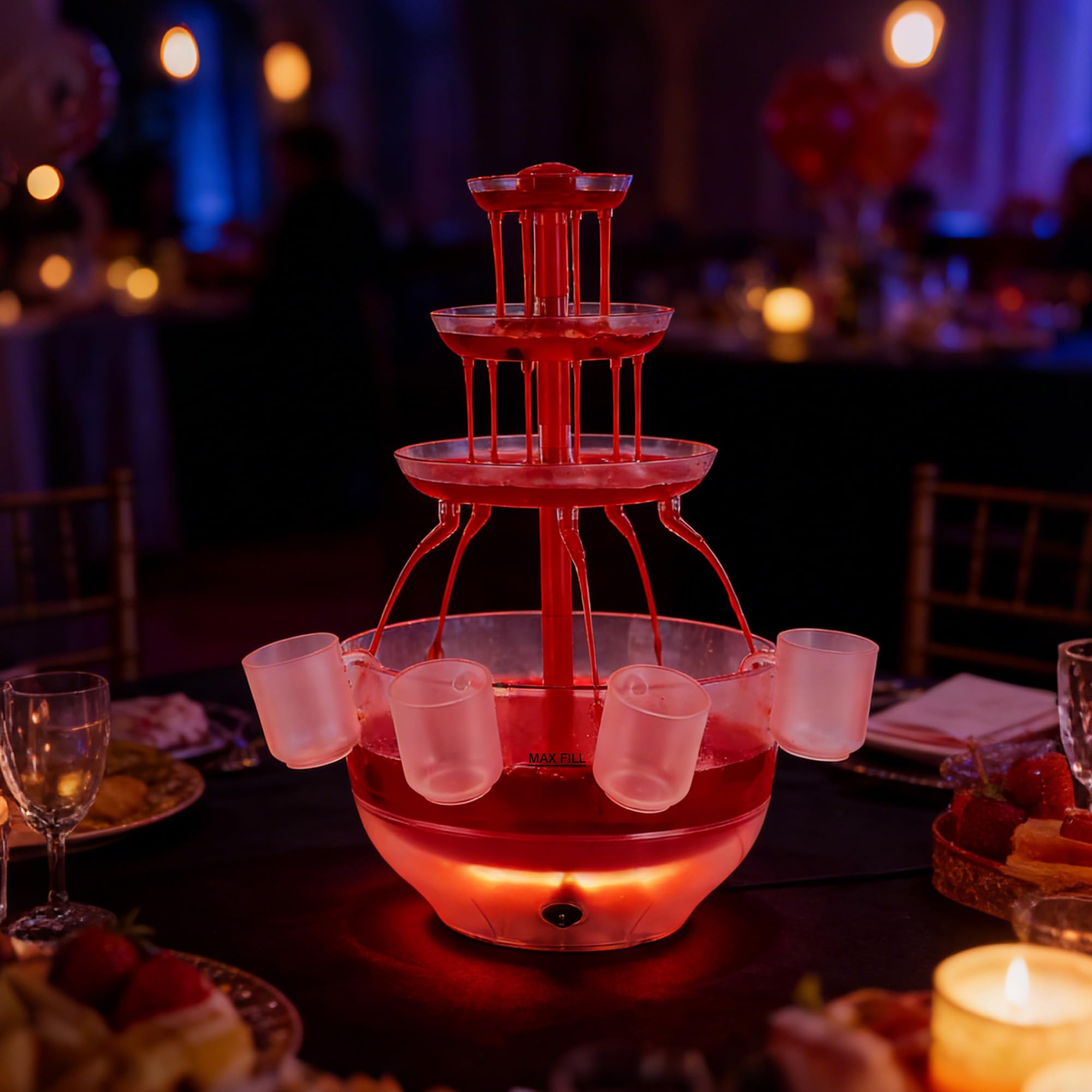 Fuente transparente de 3 niveles, fuente de bebidas de 4 l con base iluminada LED con 4 vasos reutilizables, fuente de fiesta vintage para zumos, vinos, cervezas