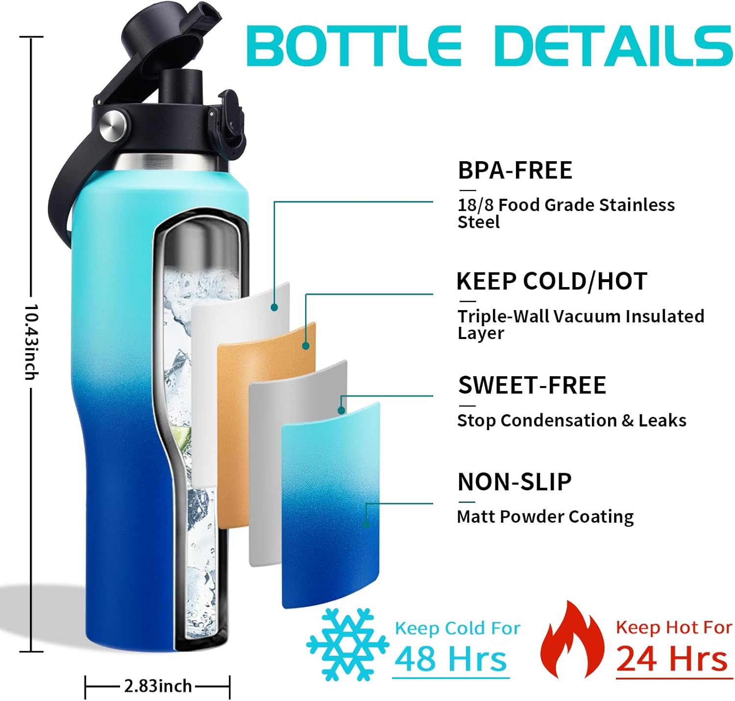 32 OZ Stainless-steel Insulated Water Bottles - Cold 48H & Hot 24H, Leak-Proof Metal Water Flask with Sleeve, Protective Boot, BPA Free Vacuum Insulated 32 Oz Water Bottle Fits In Cup Holder - Image 5