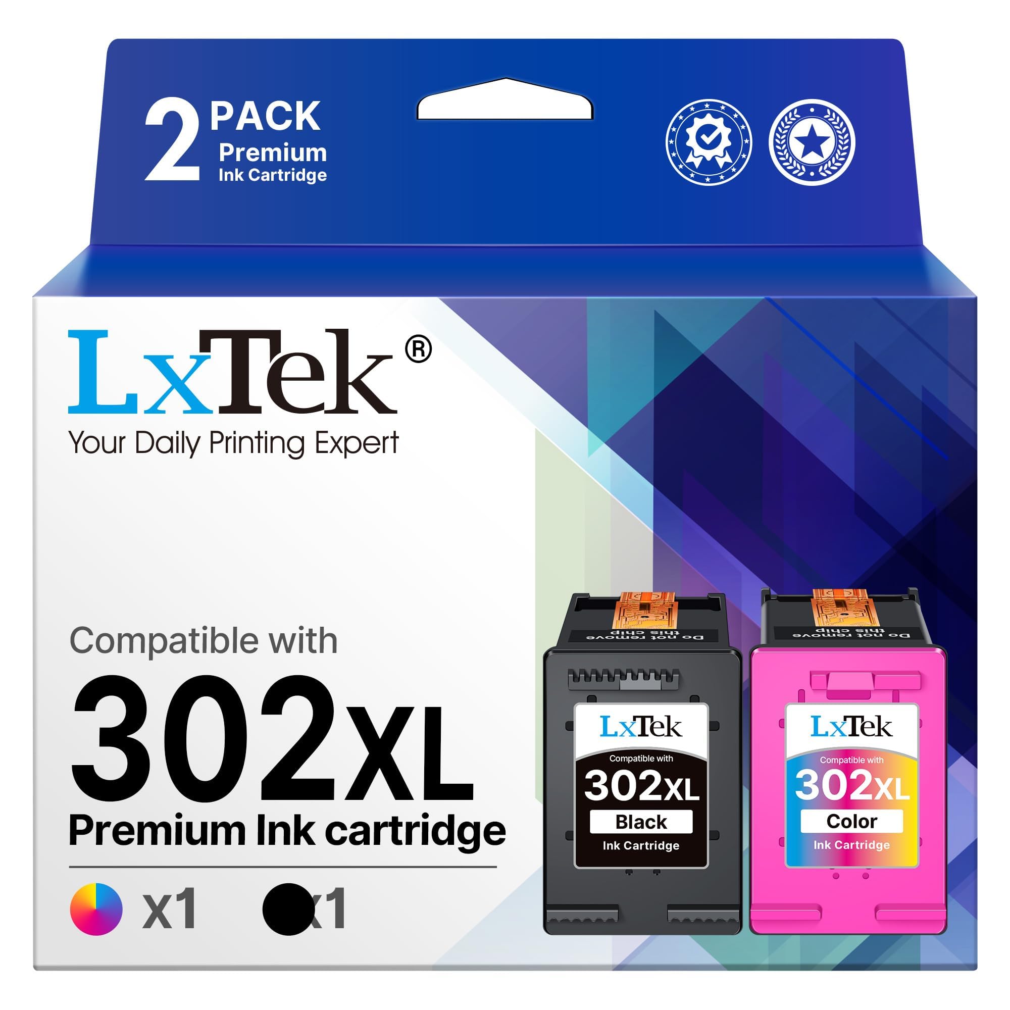 LxTek 302 XL Multipack Remanufactured Ink Cartridge Compatible with HP 302 Printer Cartridges 302XL for Envy 4525 4527 4520 Officejet 3831 3830 5230 5220 DeskJet 3630 2130 3636 (1 Black, 1 Colour)