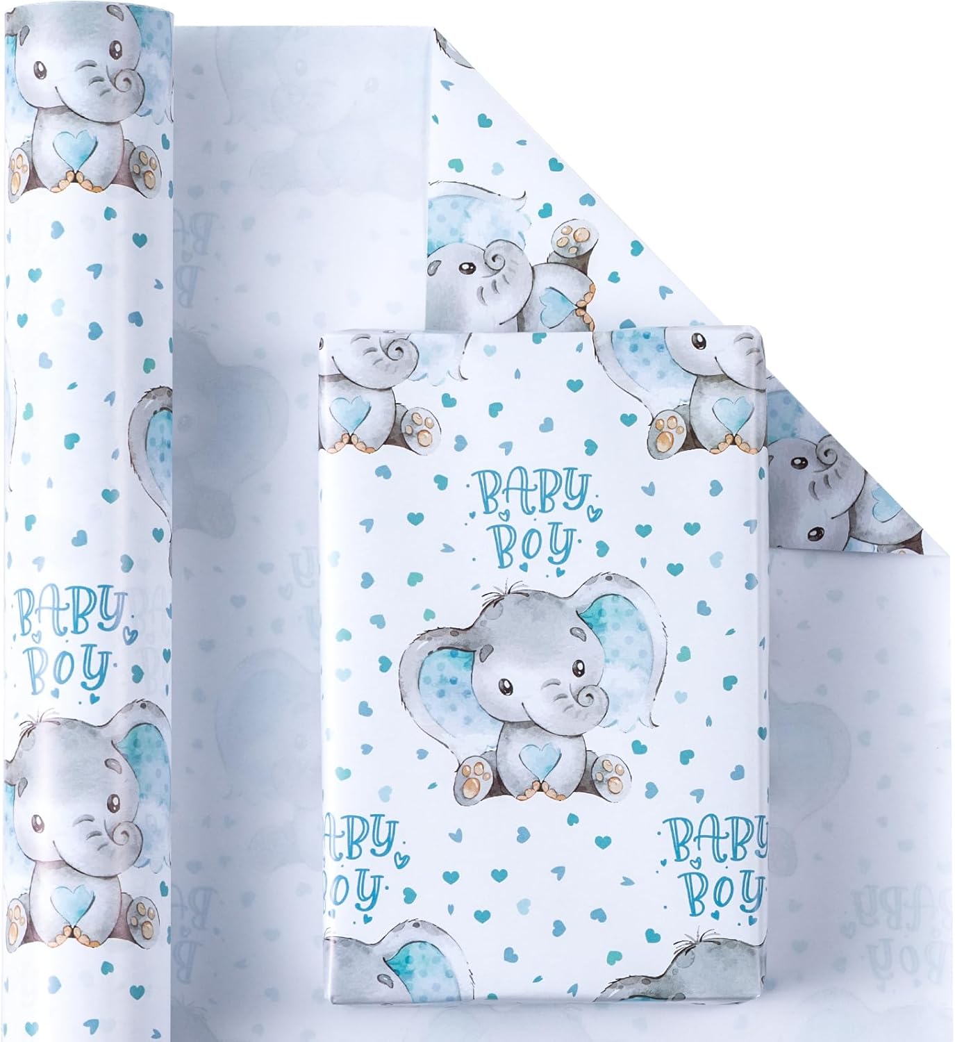 WRAPAHOLIC 30 Inch Baby Boy Wrapping Paper - 30 Inch x 33 Feet - Adorable Blue Elephant Design for Baby Shower, Party, Holiday
