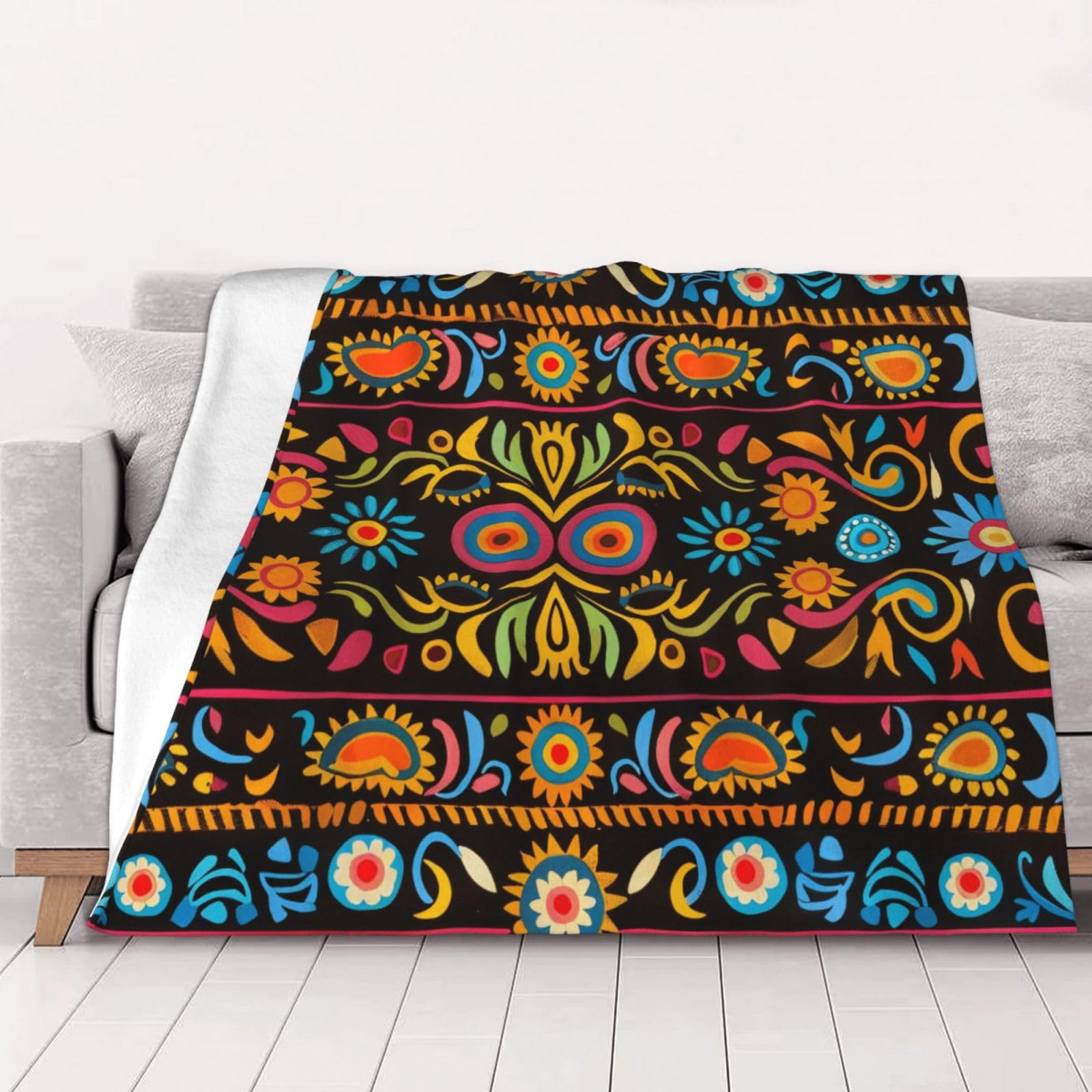 AUBKFELD Mexican Folk Art Boho Printed Flannel Blanket 200x150 CM, Soft & Warm Throw Blanket for Sofa/Couch/Bed/Car, Gifts for Audlts Women Men