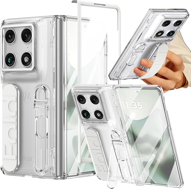 NINKI Transparent Cover for Motorola Razr Fold Case with Strap & Screen Protector, Shockproof Slim Full Body Hinge Protection + Stand Phone Cover for Moto Razr Fold Case Grip with Kickstand Man Clear