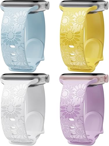 Paquete de 4 correas grabadas de girasol compatibles con Apple Watch Band de 1.575 pulgadas, 1.614 pulgadas, 1.496 pulgadas, 1.654 pulgadas, 1.732