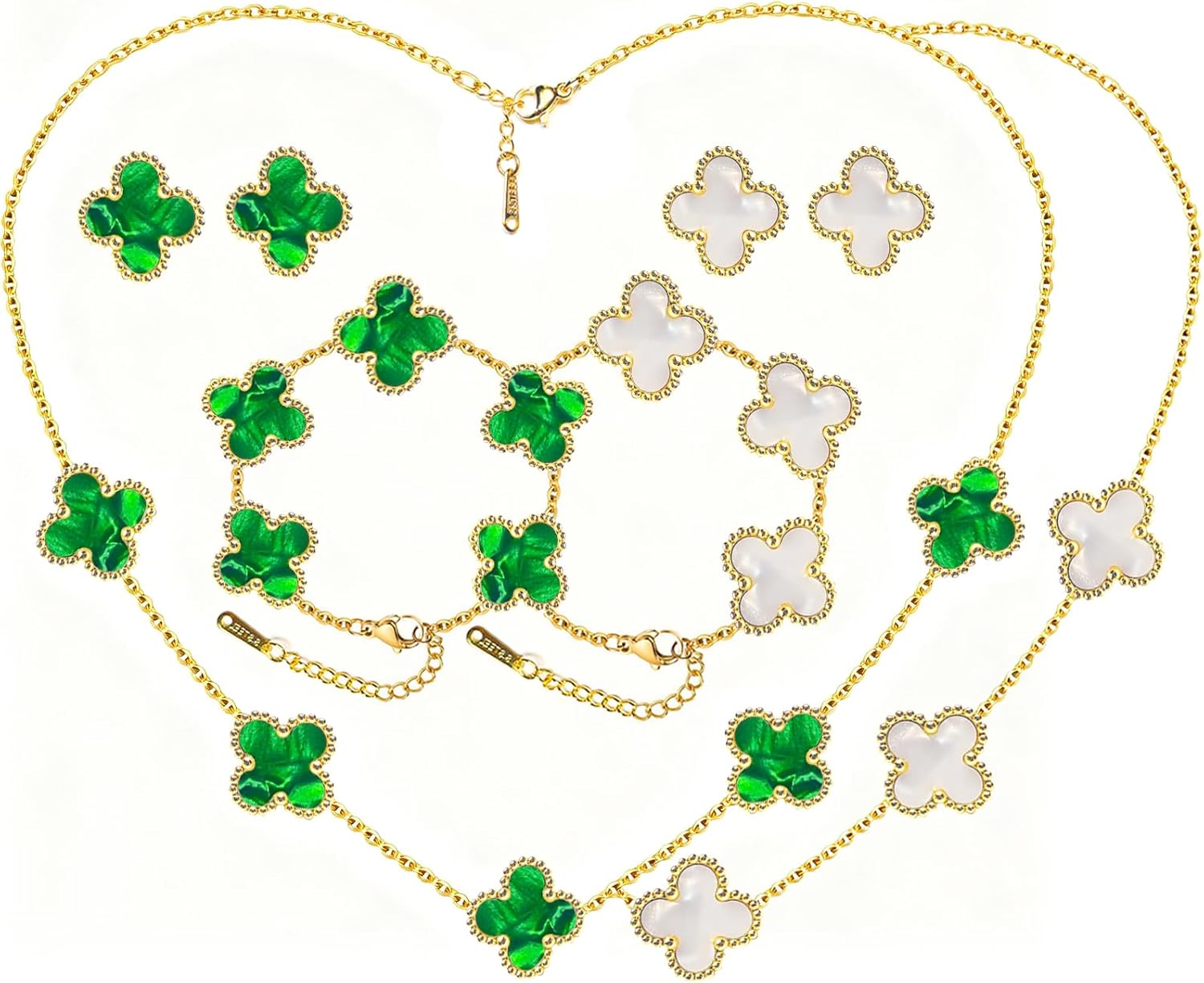 Lucky Clover Jewelry Set - 18K Gold Plated Flower Design Five Leaf Bracelet, Necklace Pendant, Earrings for Women - Lucky Gifts for Mom, Wife, Daughter, Friends