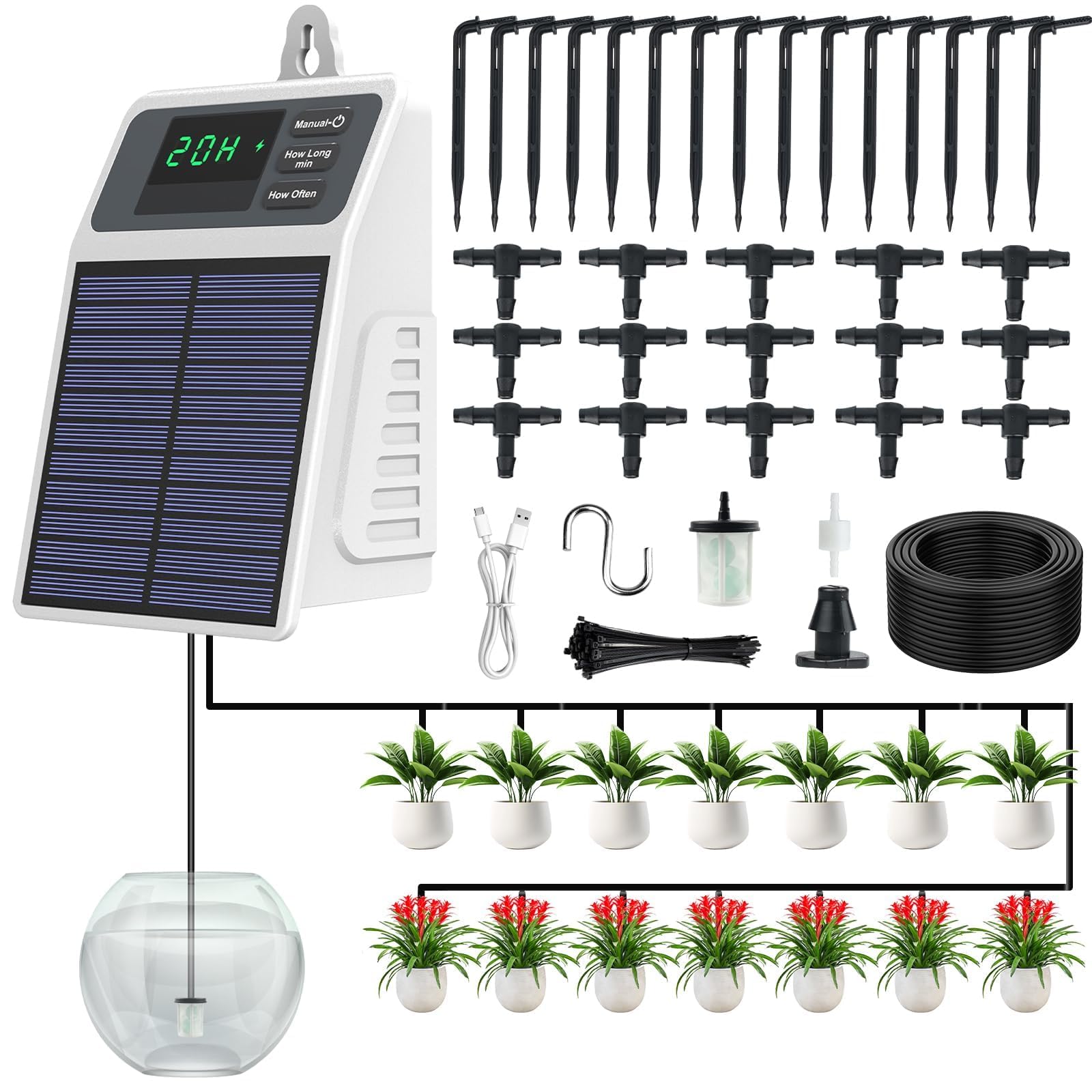 Integriertes Solar Bewässerungssystem Neueste 2026, Automatische bewässerung zimmerpflanzen für Garten, Balkon, hochbeet, Gewächshaus, Bewässerung solar Mit 15 Tropfer+10m Tropfschlauch, 30 Timer-Modi