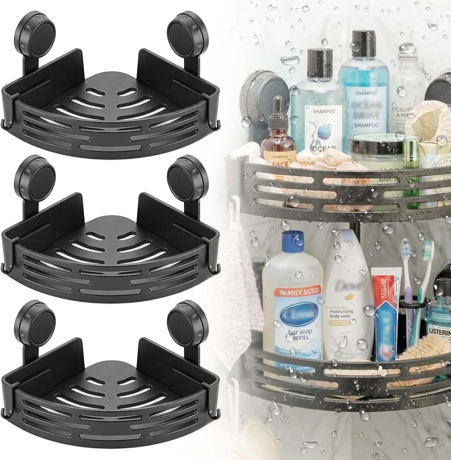 Corner Shower Caddy Suction Cup No Drilling, Bathroom Organizers and Storage, 2026 Removable Triangle Shower Shelves Suction Cup, Shower Caddy Corner Storage Rack with Towel Hooks (Black, 3Pcs)
