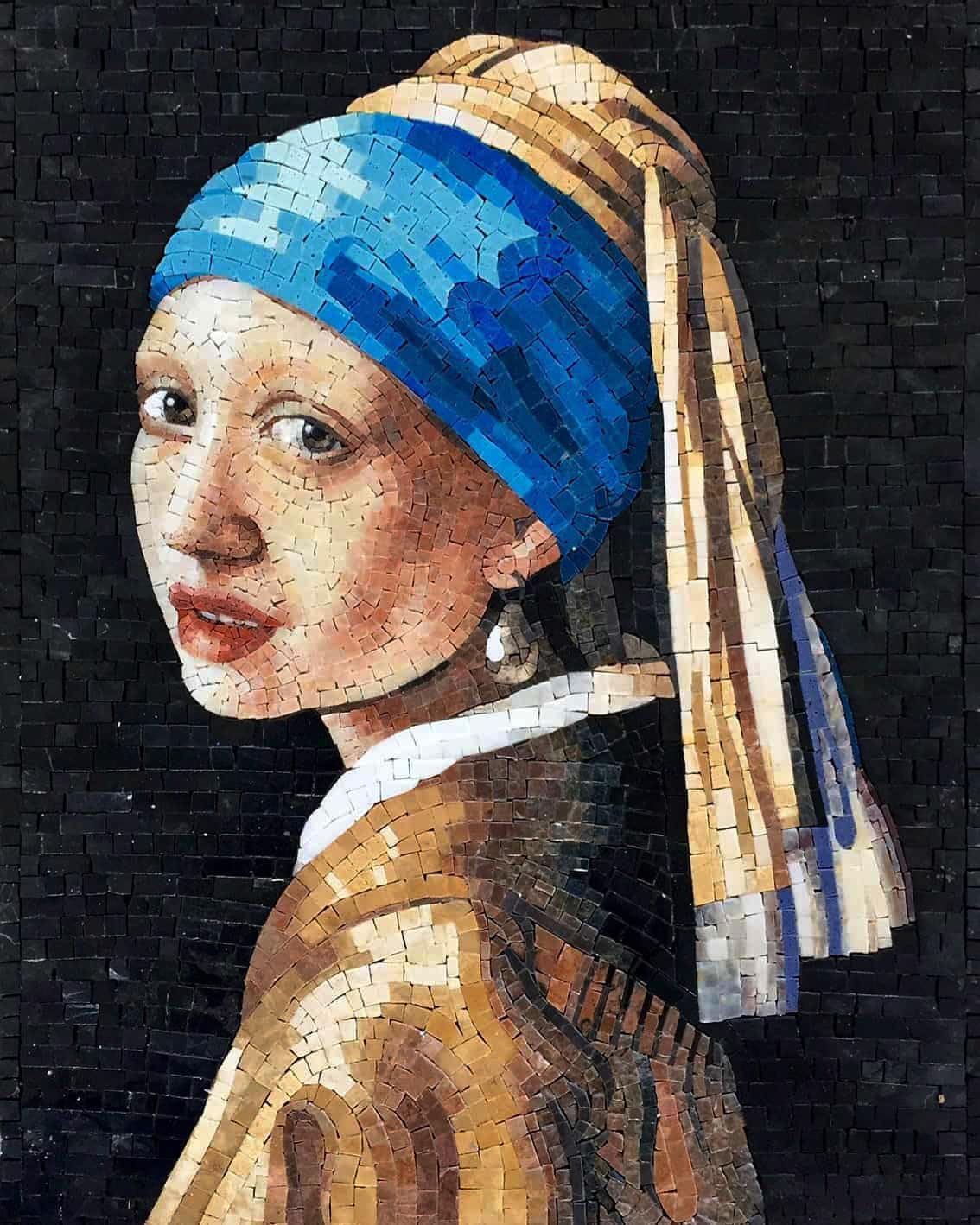Handmade Girl with a Pearl Earring Marble Mosaic Wall Art – Hand-Cut Classical Portrait Stone Mosaic Tile Artwork for Elegant Interior Décor