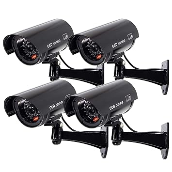 Equay Fake Security Camera, Dummy CCTV Surveillance System with Realistic Red Flashing Lights and Warning Sticker (4, Black)