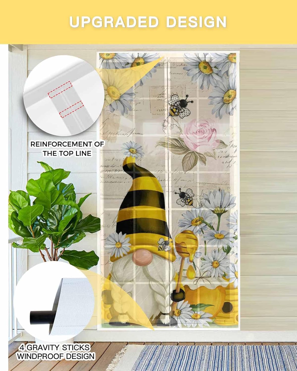 Daisy Floral Magnetic Screen Door, Retro Watercolor Bee Gnomes Flowers Hands Free Screens Mesh Size 38" x 83", Reinforce Heavy Duty Mesh Screen Doors for Patio/Front/Sliding Door