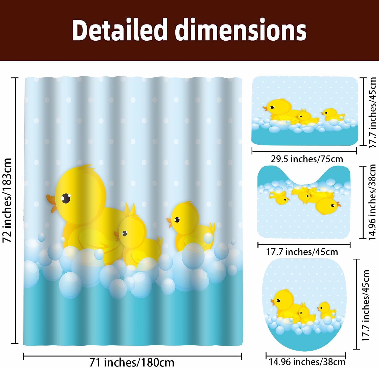 Cute Yellow Duck Taking Bath Shower Curtain 4PCS Bath Sets with Non-Slip Rugs U-Shaped Mat Toilet Lid Cover for Baby Kids Bathroom Decor 71x72 inches Polyester Fabric SETMYLU03