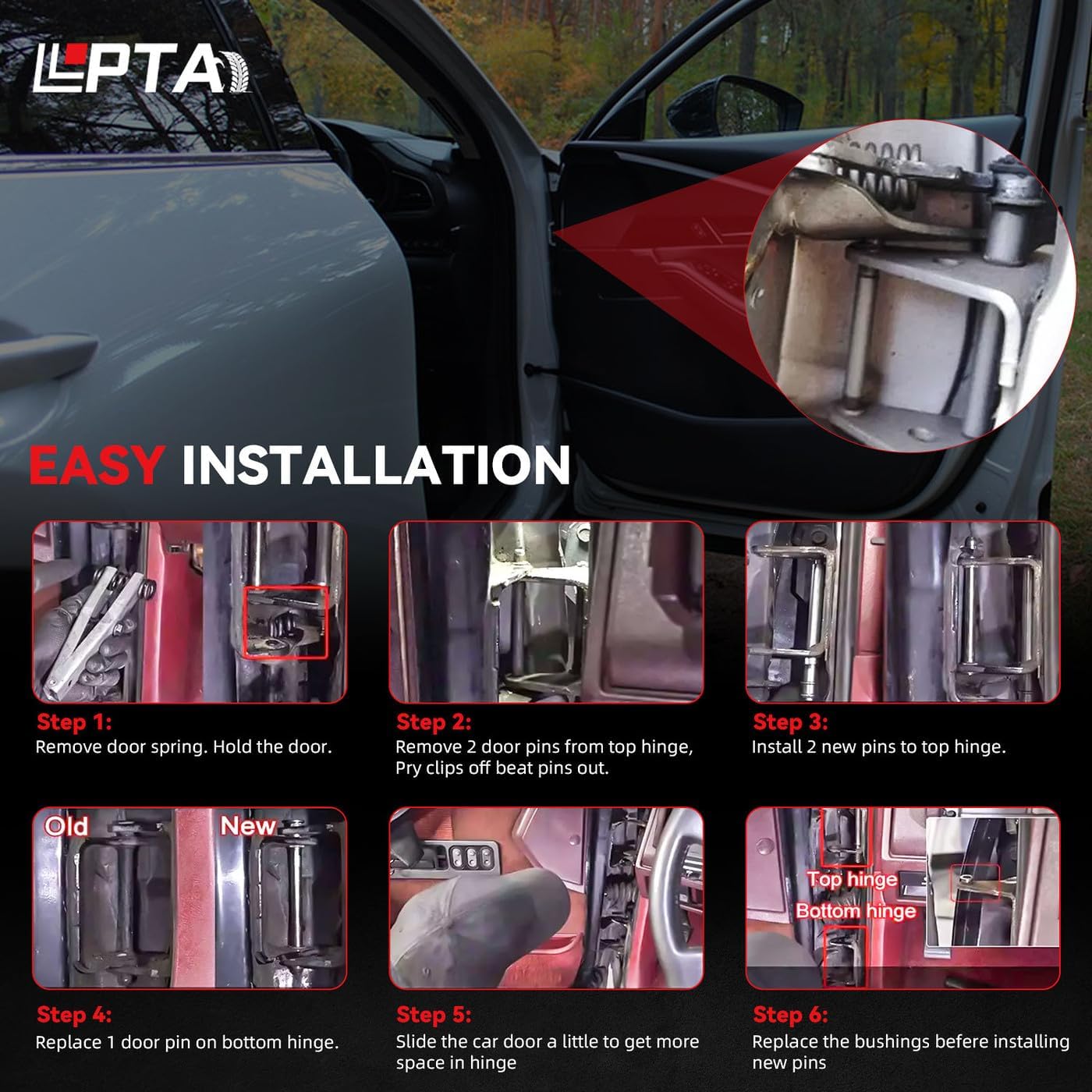 Door Hinge Pin Bushing Repair Kit include Spring and Tool Compatible with 1988-2002 C1500/C2500/C3500/K1500/K2500/K3500 Suburban Tahoe Yukon Escalade Replaces 38416, 15685040, 15562609, 38436