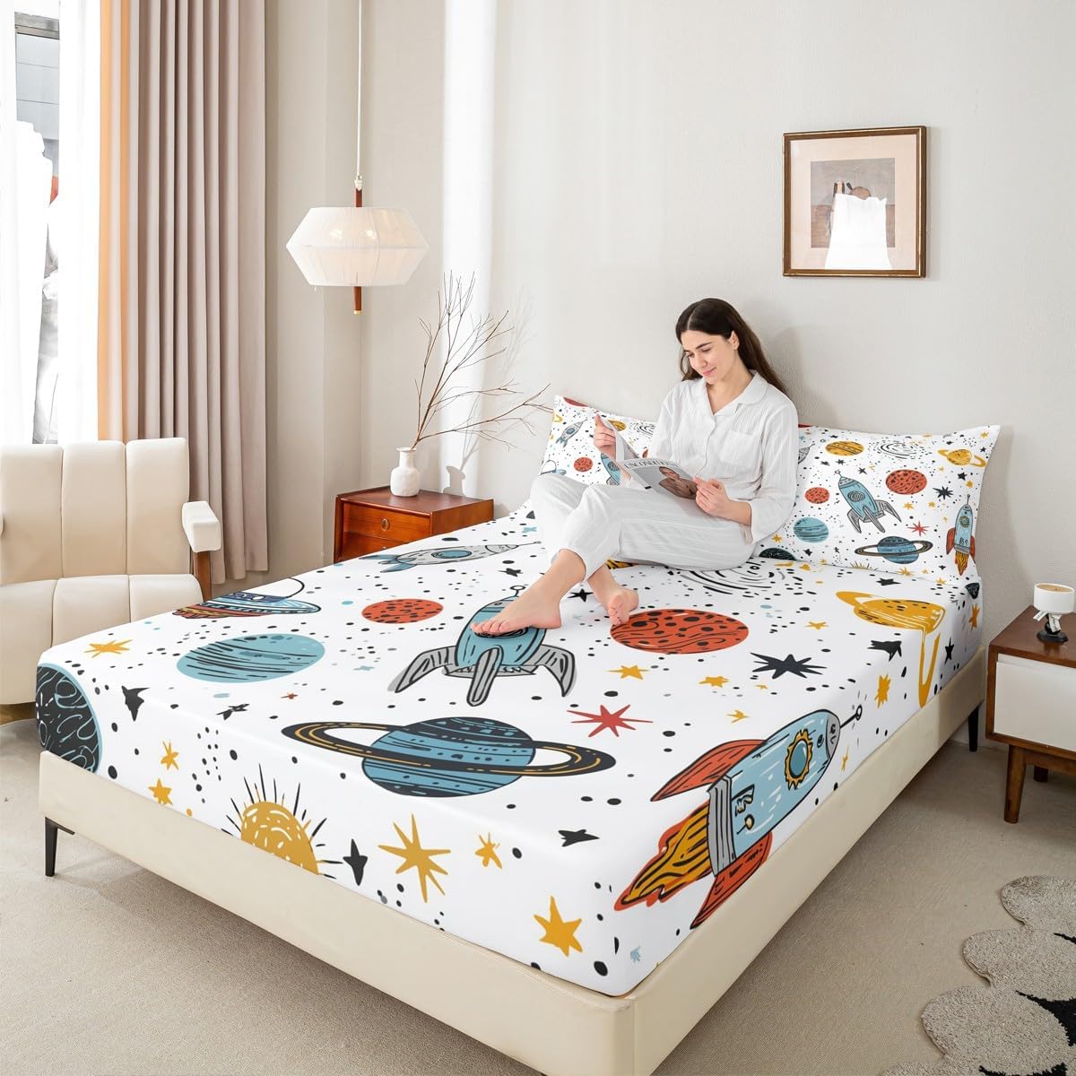 Outer Space Rocket Fitted Sheet Galaxy Bedding Sets for Kids Boys Girl Cartoon Fitted Bed Sheets Universe Starry Sky Fitted Sheet Full Size Cosmos Blue Orange White Decor Fitted Sheet,Colorful