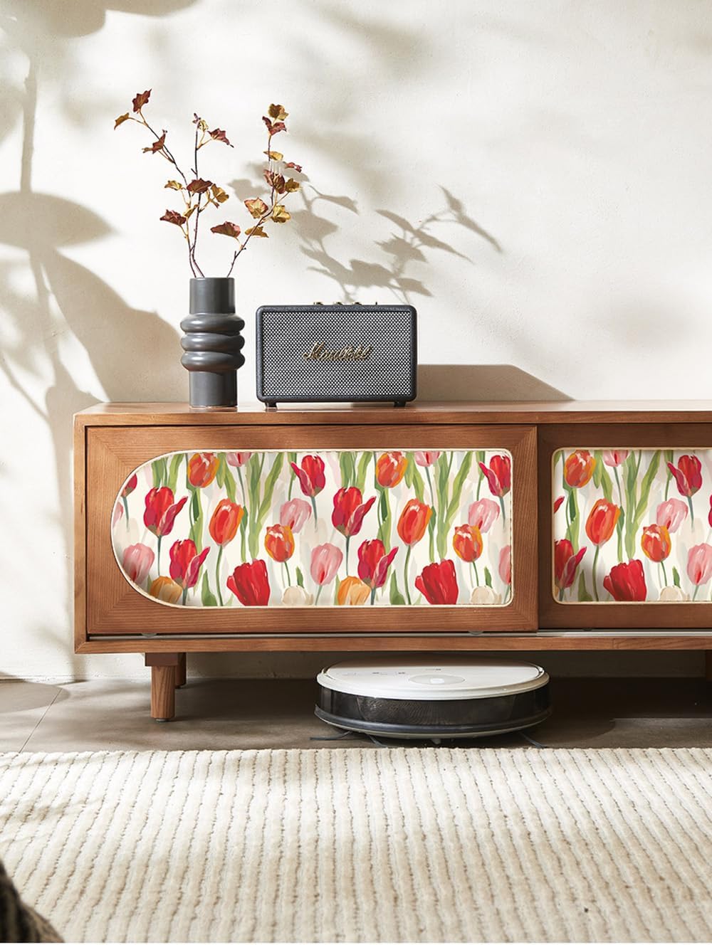 Red Pink Tulip Floral Shelf Liner Contact Paper Decorative Self Adhesive Watercolor Flower Drawer Liner Peel and Stick Floral Wallpaper for Walls Cabinets Table Decal 17.7X117 Inches
