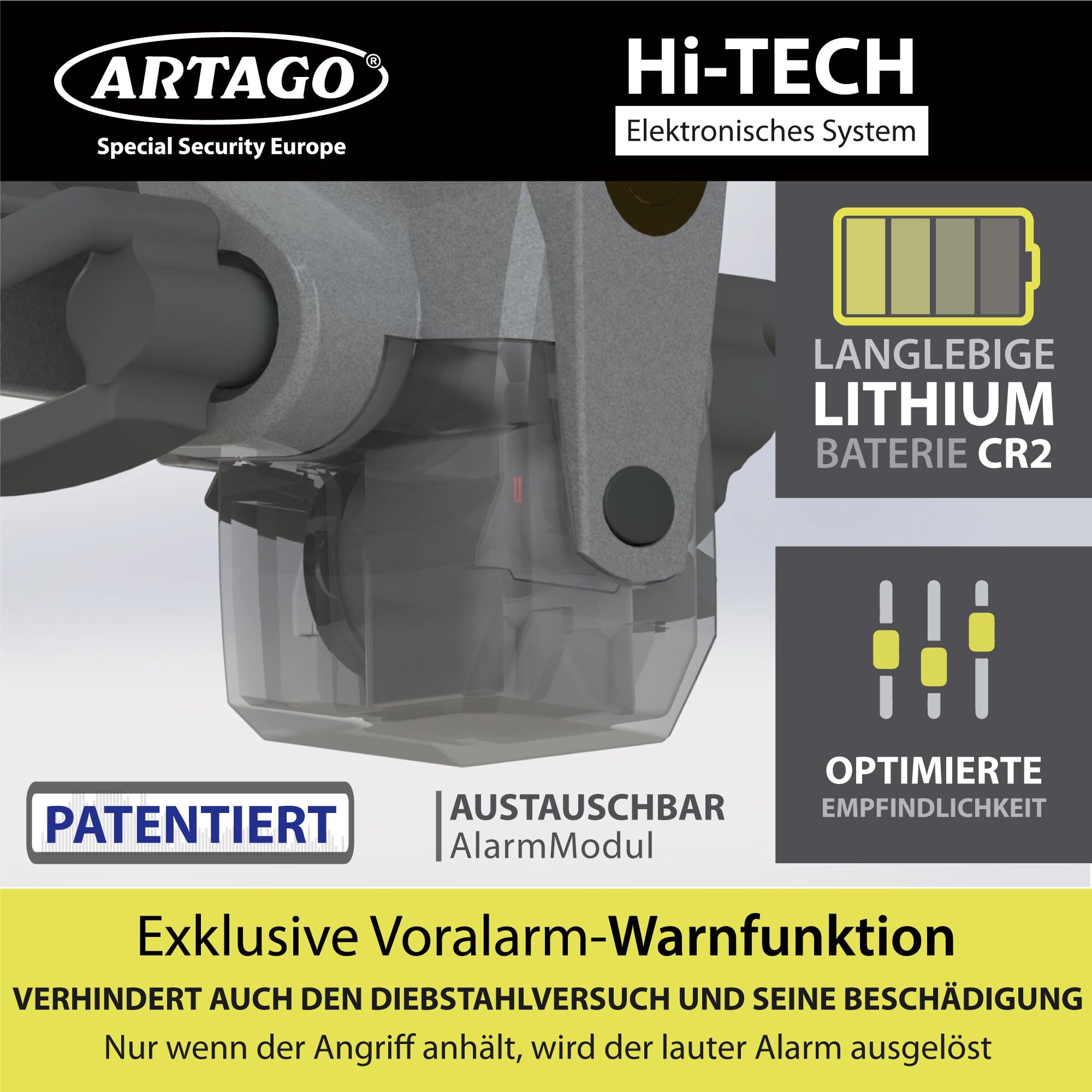 ARTAGO 870 Hochwertige Lenkradkralle 2in1 Ohne/Mit Alarm 120dB+LED, Sicherer und Abschreckender Lenkradsperre um die Lenkradspeiche, Fortschrittlichste Lenkradschloss zur Auto-Diebstahlsicherung