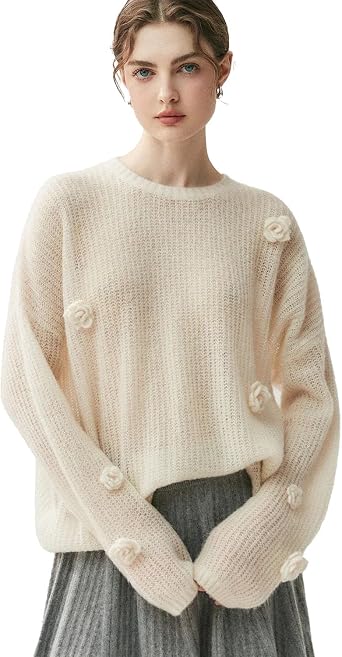 DAISYSILK Oversize Flower Knit Silk Cashmere Sweater for Women, 3D Floral Knit Crew Neck Soft Lightweight Cashmere Jumper