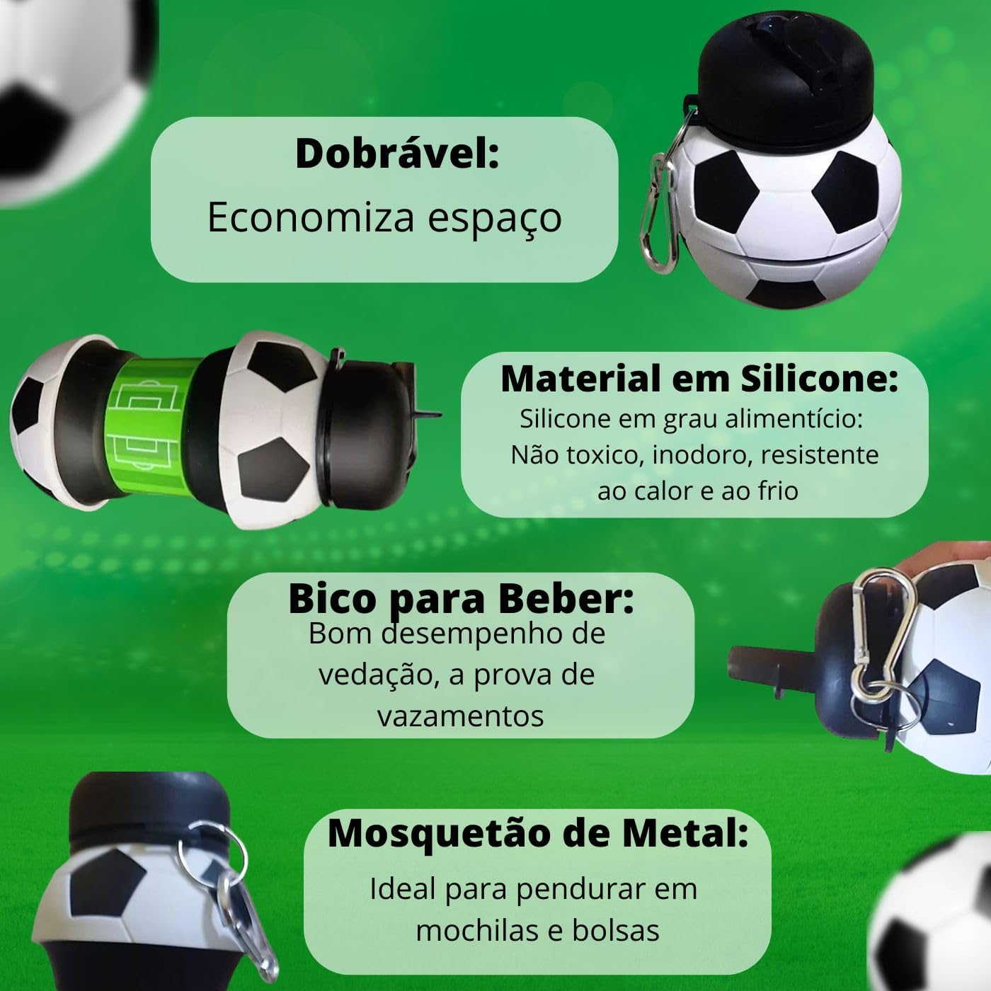 Garrafa Dobrável Infantil 500ml Silicone Retrátil Portátil Tema Bola de Futebol Antivazamento